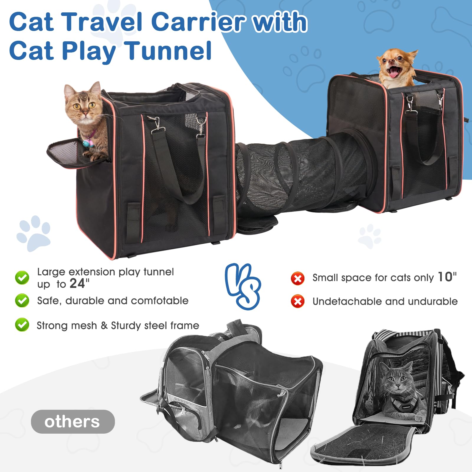 Extra Large Cat Carrier With Litter Box For 2 Cats, Sofe Sided Cat Carrier With Tunnel, Portable Cat Travel Carrier For Cats Sma