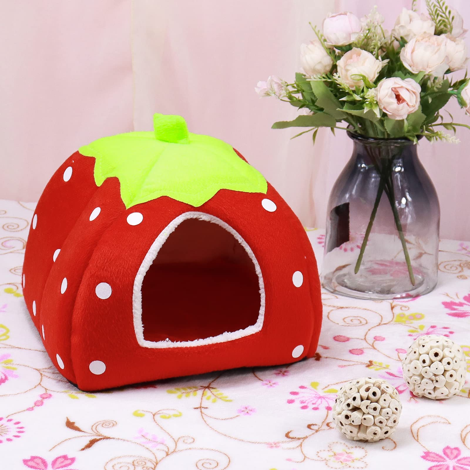 Mygeromon Guinea Pig Bed Rabbit Hideout Warm Fleece Cuddle Cup Washable Winter Sleeping House For Small Pet/Ferret/Chinchilla/Bunny (Strawberry Style)