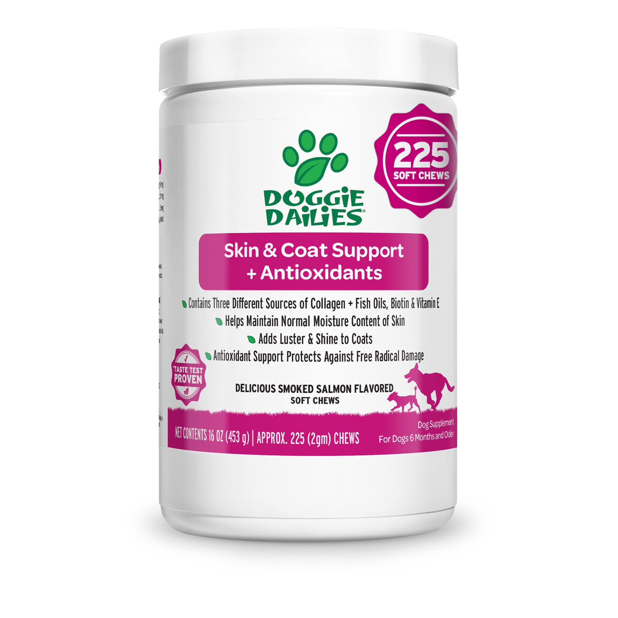 Doggie Dailies Skin & Coat Supplement + Antioxidant Support, 225 Soft Chews, Salmon Oil for Dogs Skin and Coat with Collagen, Om