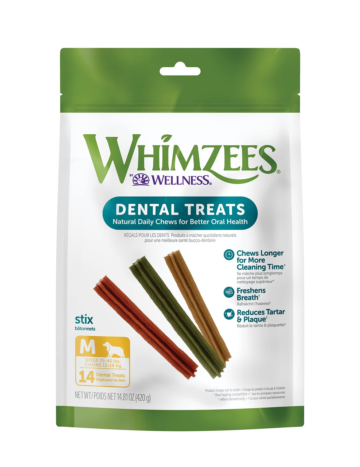 Whimzees By Wellness Stix Natural Dental Chews For Dogs, 3X Longer Lasting & Grain-Free, Freshen Breath & Fight Plaque & Tartar,