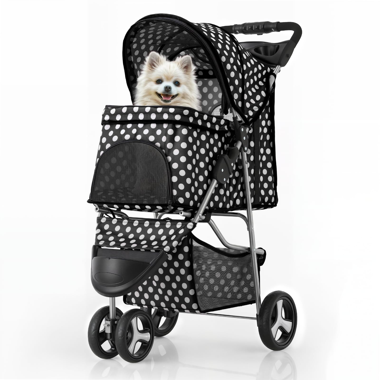 Monibloom 3 Wheels Pet Dog Cat Stroller For Small Medium Dogs Cats, Foldable Jogger Stroller W/Storage Basket And Cup Holder, Black Polka Dots