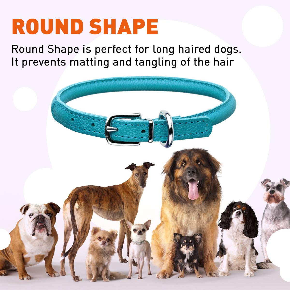 Dogline Rolled Leather Dog Collar - For Small, Medium And Large Breeds - Soft And Padded Round Luxury Design 1/2 By 22-25'' Roun