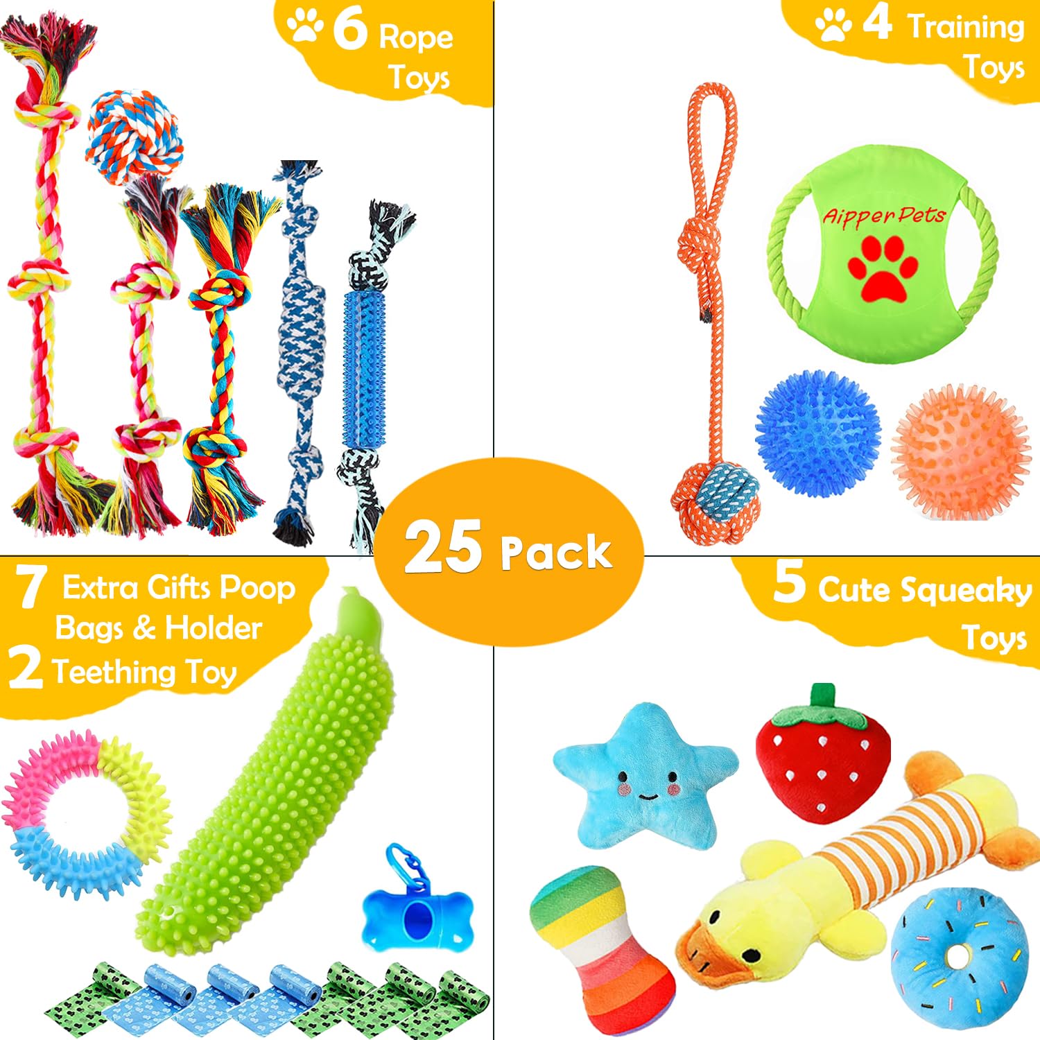 Aipper Dog Puppy Toys 25 Pack,Puppy Chew Toys For Fun And Teeth Cleaning,Dog Squeak Plush Toys, Squeaky Toy Balls, Tug Of War Toys, Puppy Teething Toys, Dog Rope Toys Pack For Puppy To Small Dogs