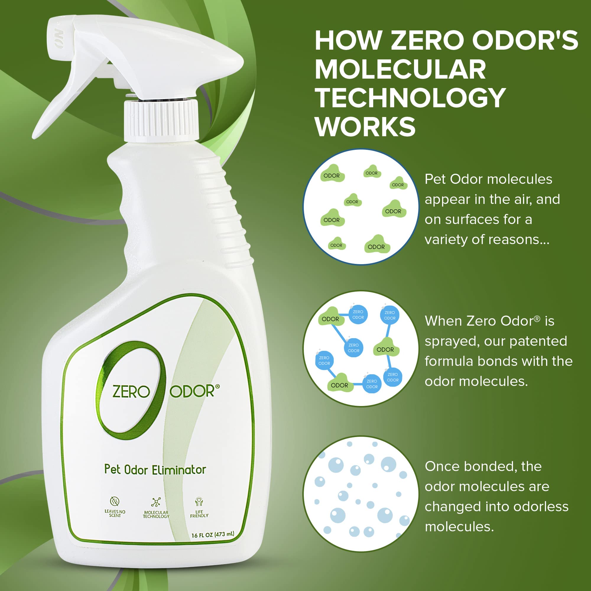 Zero Odor Pet Odor Eliminator - 16 Fl Oz, Eliminates Strong Air & Surface Odors with Patented Technology for Carpet & Furniture