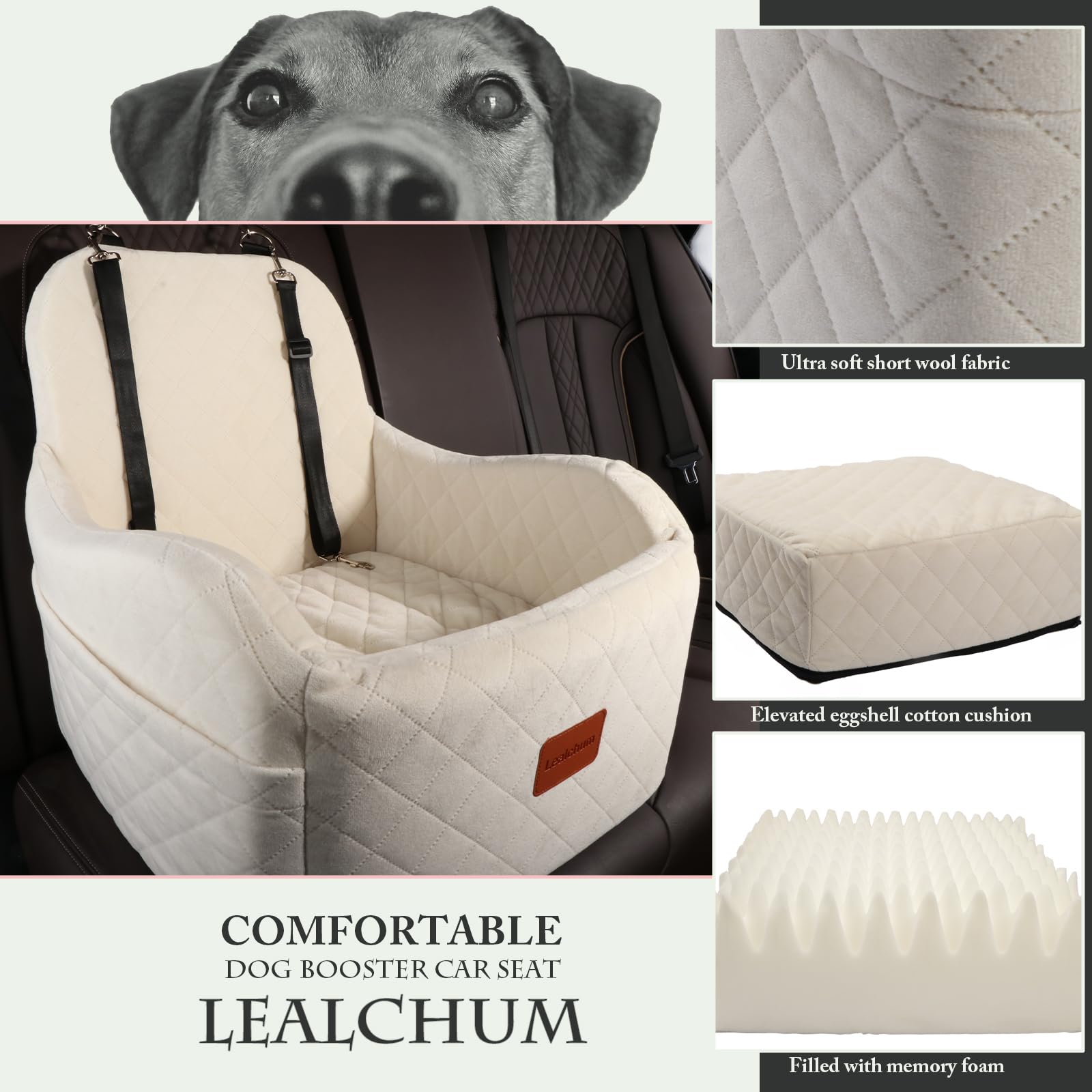 Lealchum Dog Booster Car Seat, Ultra Soft Memory Foam, Medium, Beige, Model LESFT01, Anti-Slip Base, Fully Washable