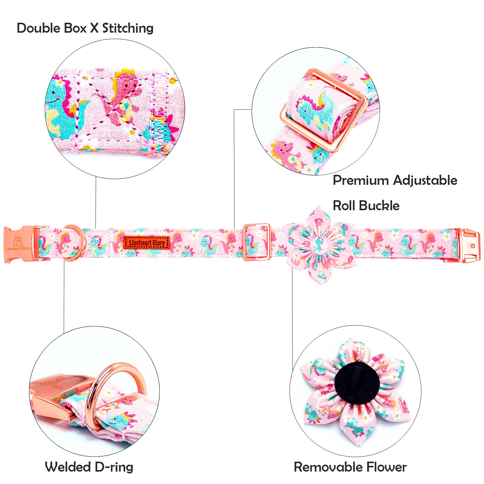 Lionheart Glory Dog Collar With Flower Dinosaurs Print Collars For Small Dogs, Spring Summer Cute Duty Adjustable Dog Flowers Co