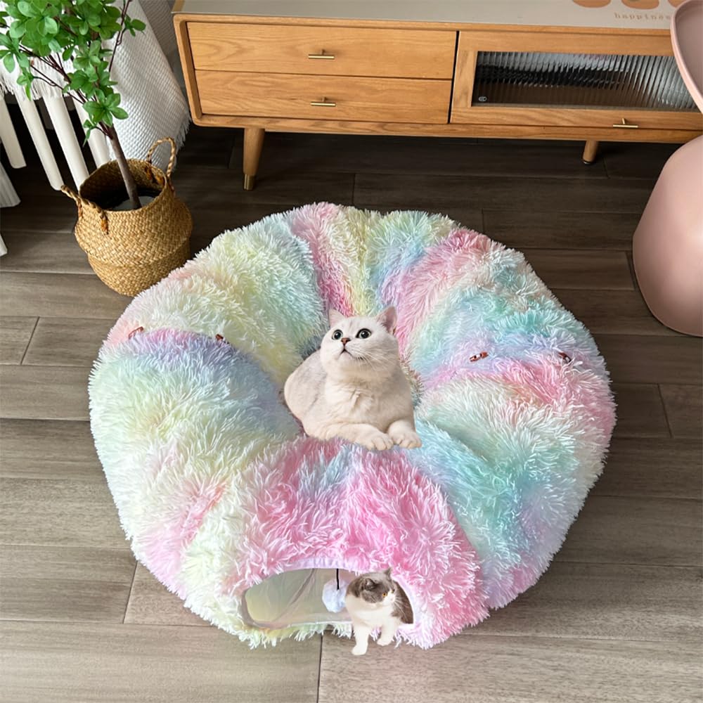 Mabaytir Cat Tunnel Bed for Indoor Cats Colorful Plush, Collapsible PlayTube with Removable Cushion, Sturdy Cat Toy Playhouse, S