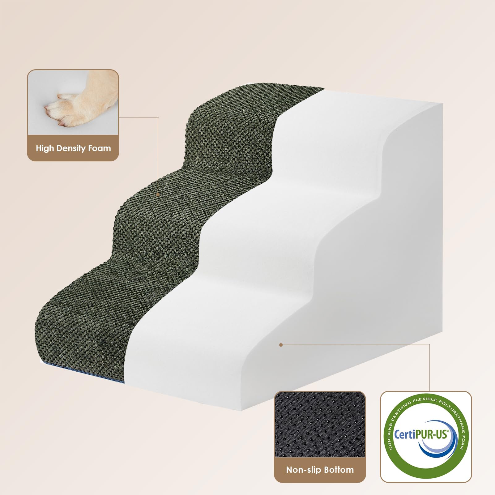 Eheyciga Curved Dog Stairs Ramp For Small Dogs 15.7' H, 3-Step Dog Steps For Couch Sofa And Chair, Pet Stairs For Cats, Non-Slip Balanced Pet Steps Indoor, Olive Green