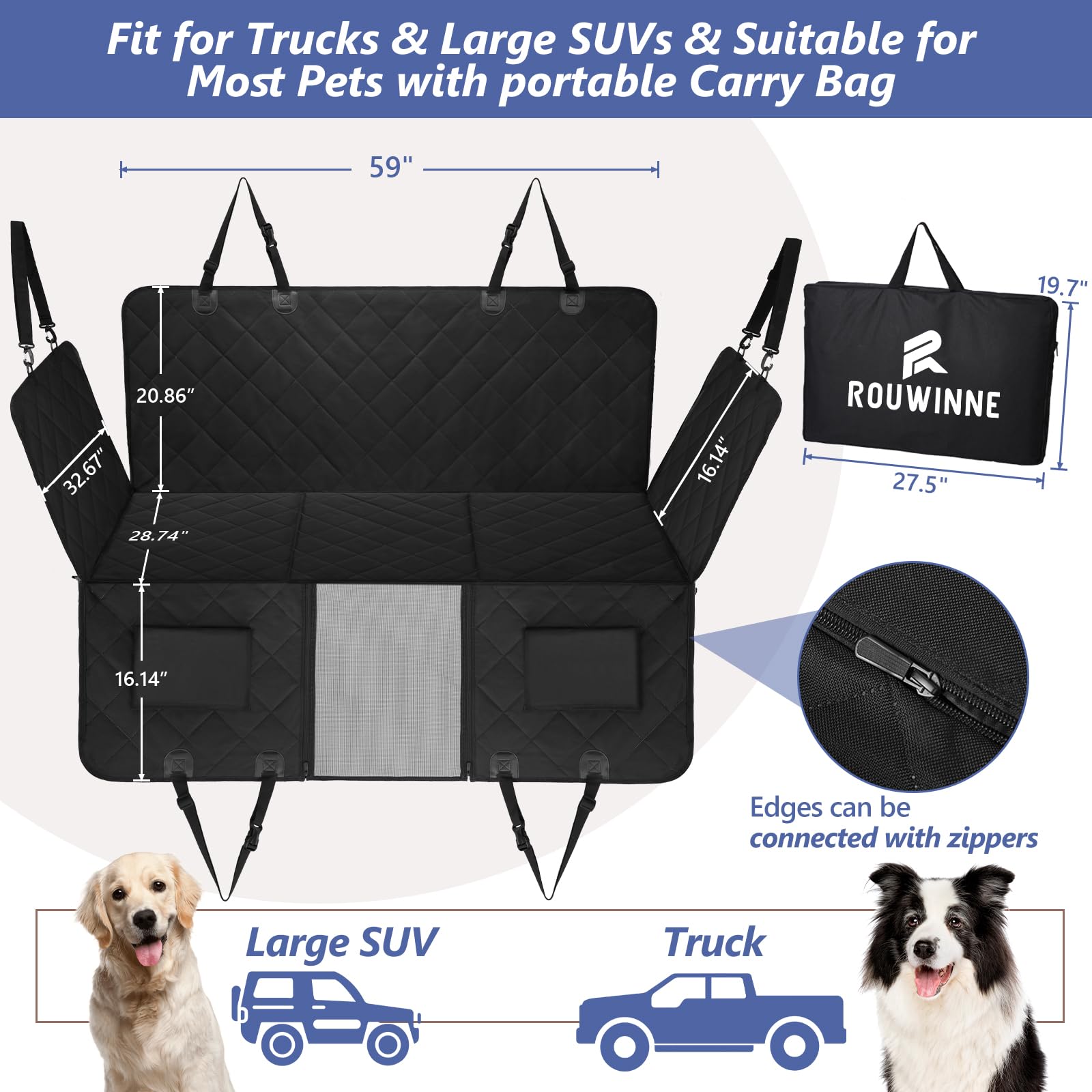Rouwinne Back Seat Extender For Dogs Truck-Large Space, Dog Seat Cover Back Seat Hard Bottom Holds 400Lbs, Sturdy Pet Seat Covers, Waterproof Backseat Dog Hammock For Trucks