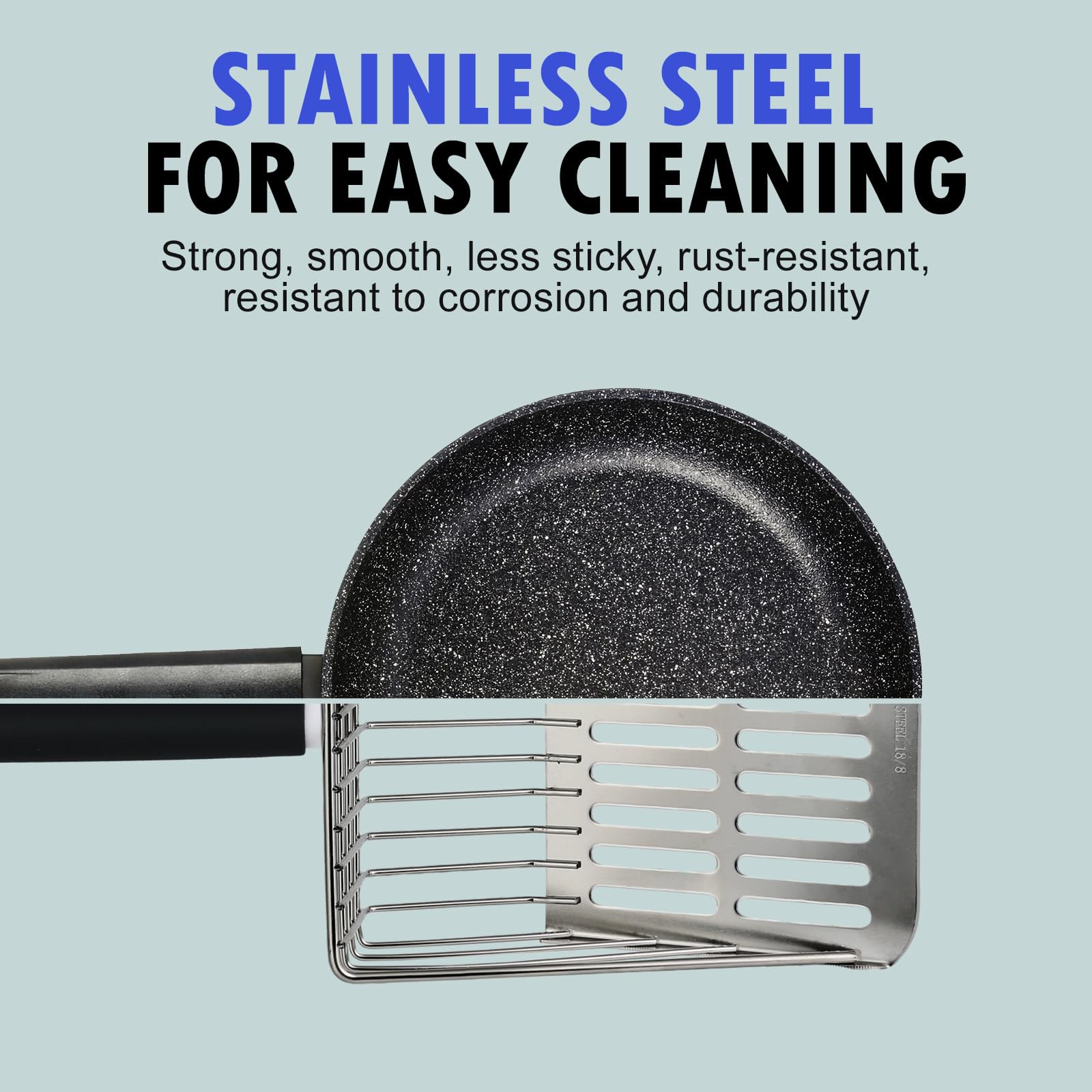 Faoemsey Cat Litter Scoop, Solid and Durable Kitty Metal Scooper, Stainless Steel Sifter, Heavy Duty, for Litter Box, Black Rubb