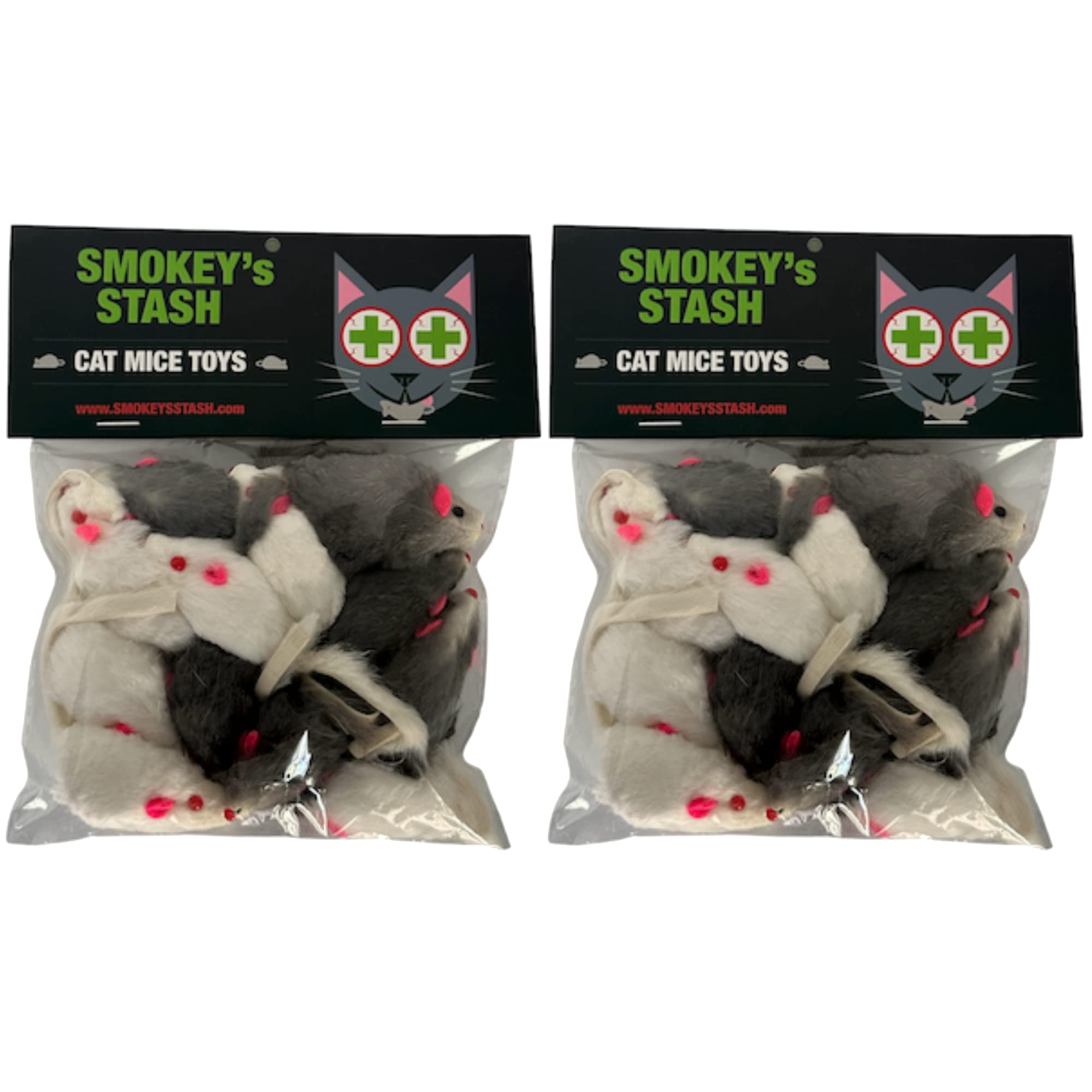 Smokey'S Stash Rabbit Fur Mouse Cat Toy 24 Per Pack White And Gray Fuzzy Toys For Cats With Rattle Realistic Fake Mice (24)