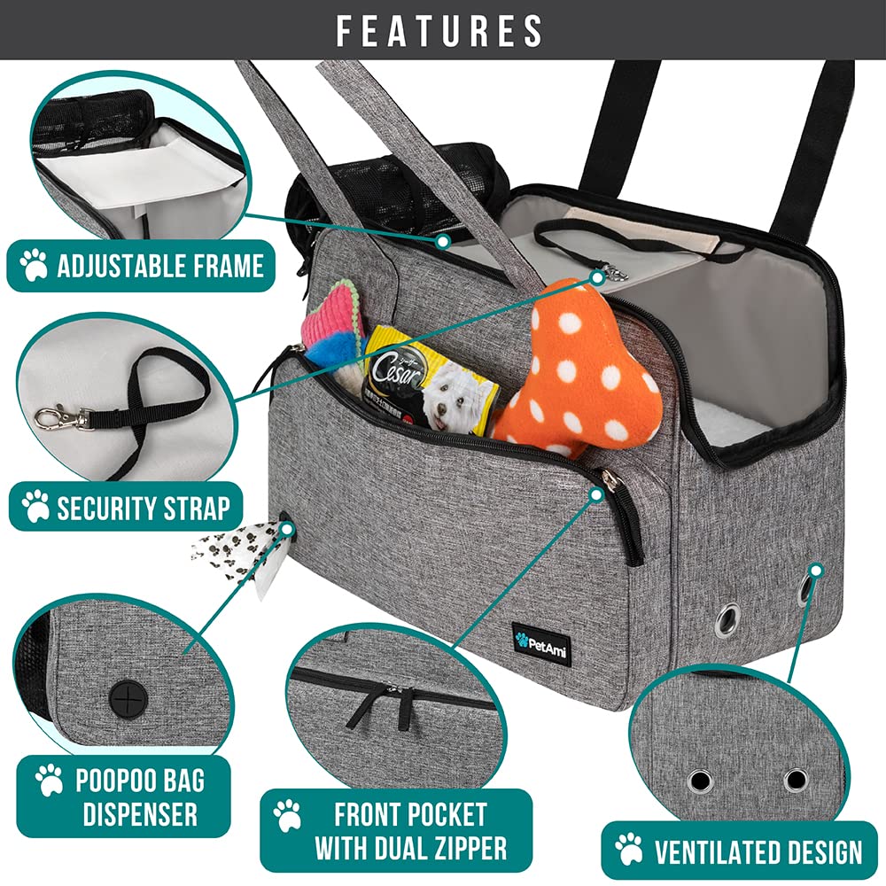 Petami Small Dog Purse Carrier, Soft-Sided Pet Carrier Bag With Pockets, Portable Puppy Cat Travel Handbag Tote, Airline Approved Breathable Mesh, Poop Bag Dispenser, Sherpa Bed, Max 18 Lbs, Gray