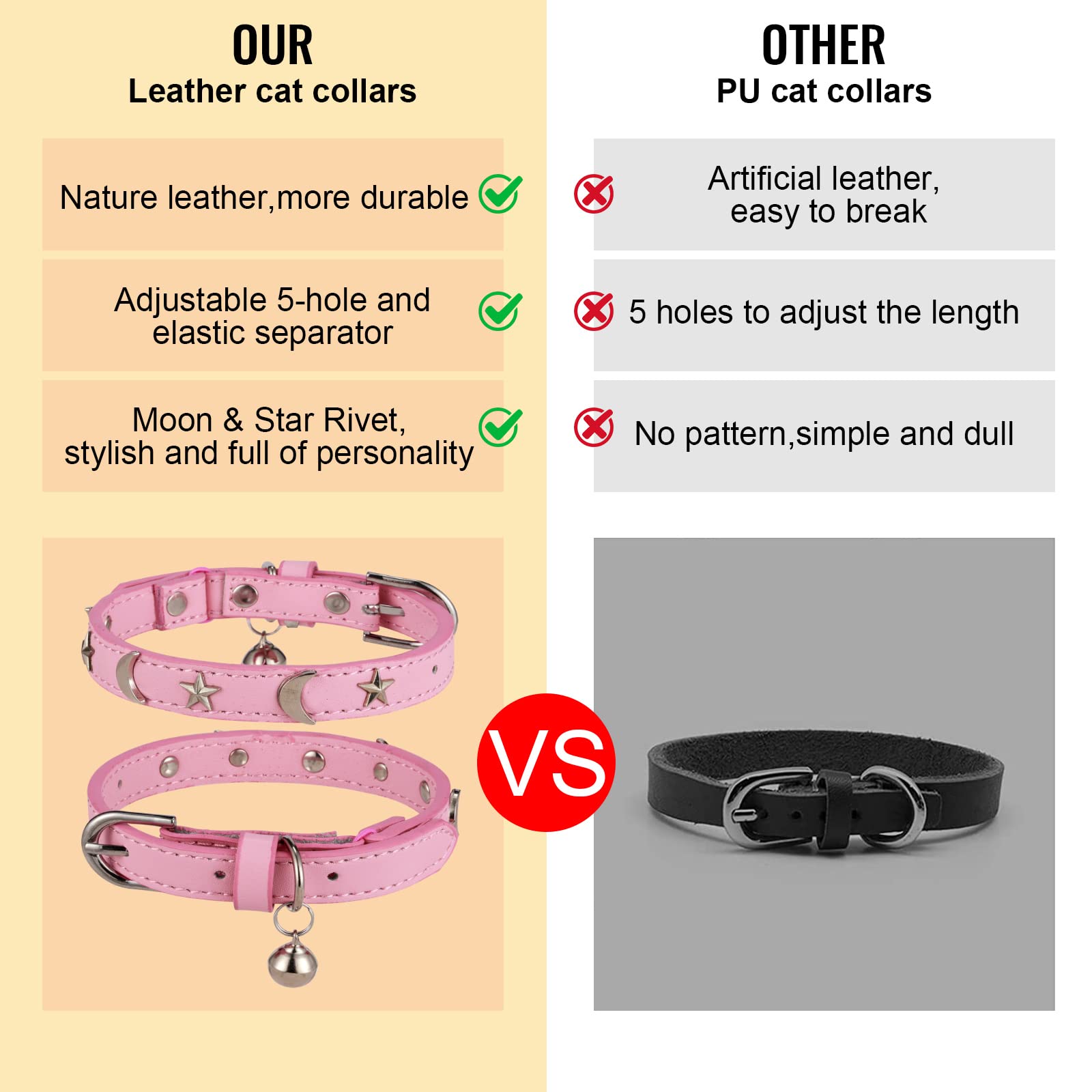 Chukchi Leather Cat Collars For Boy Girl Cats With Bell And Safety Elastic Belt, Personalized Star And Moon Stud Adjustable Safe