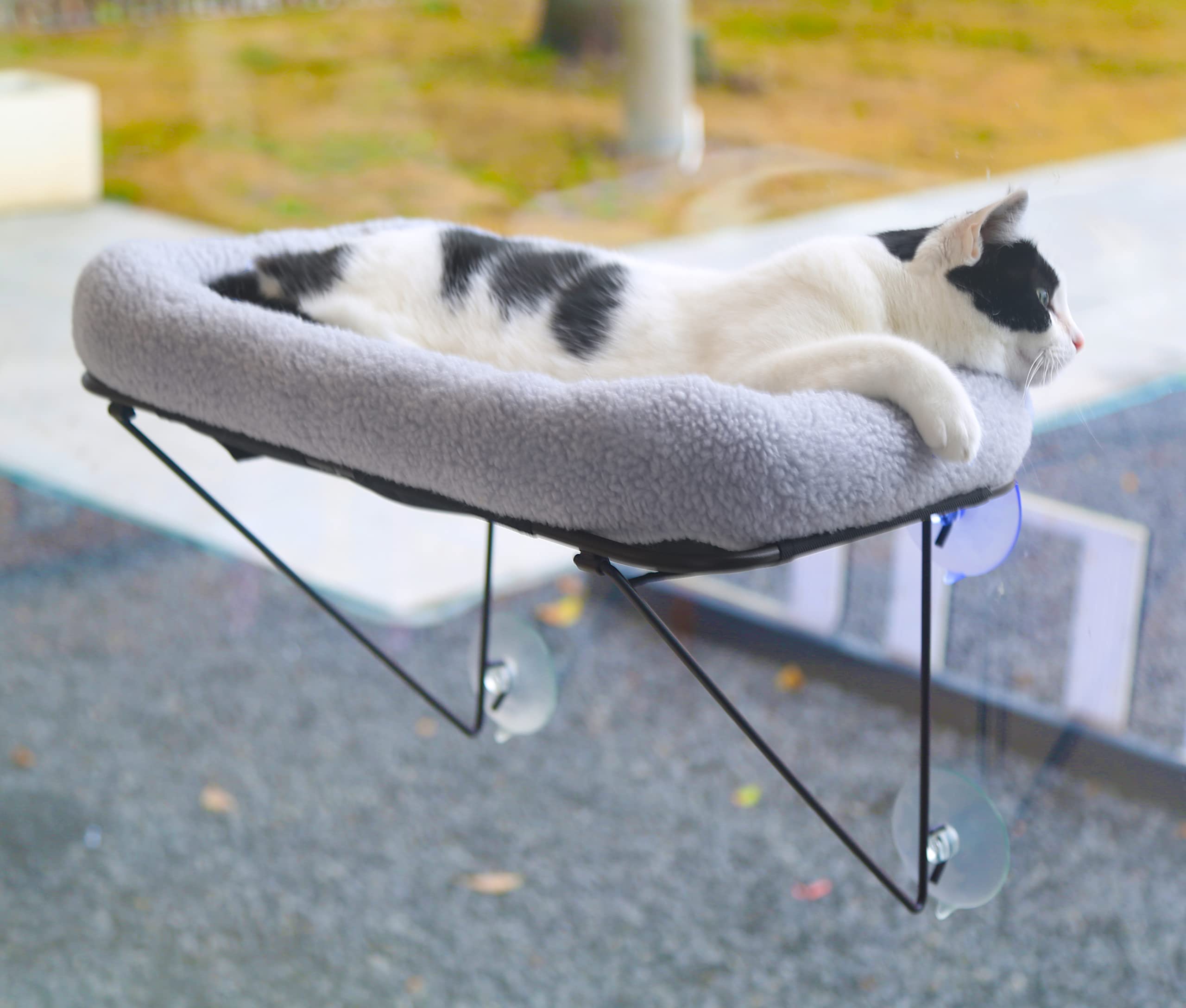 Zakkart Cat Window Perch - Metal Hammock for Large Cats - 23"x13"x12.5" - Grey with Spacious Bed for Sunbathing & Napping
