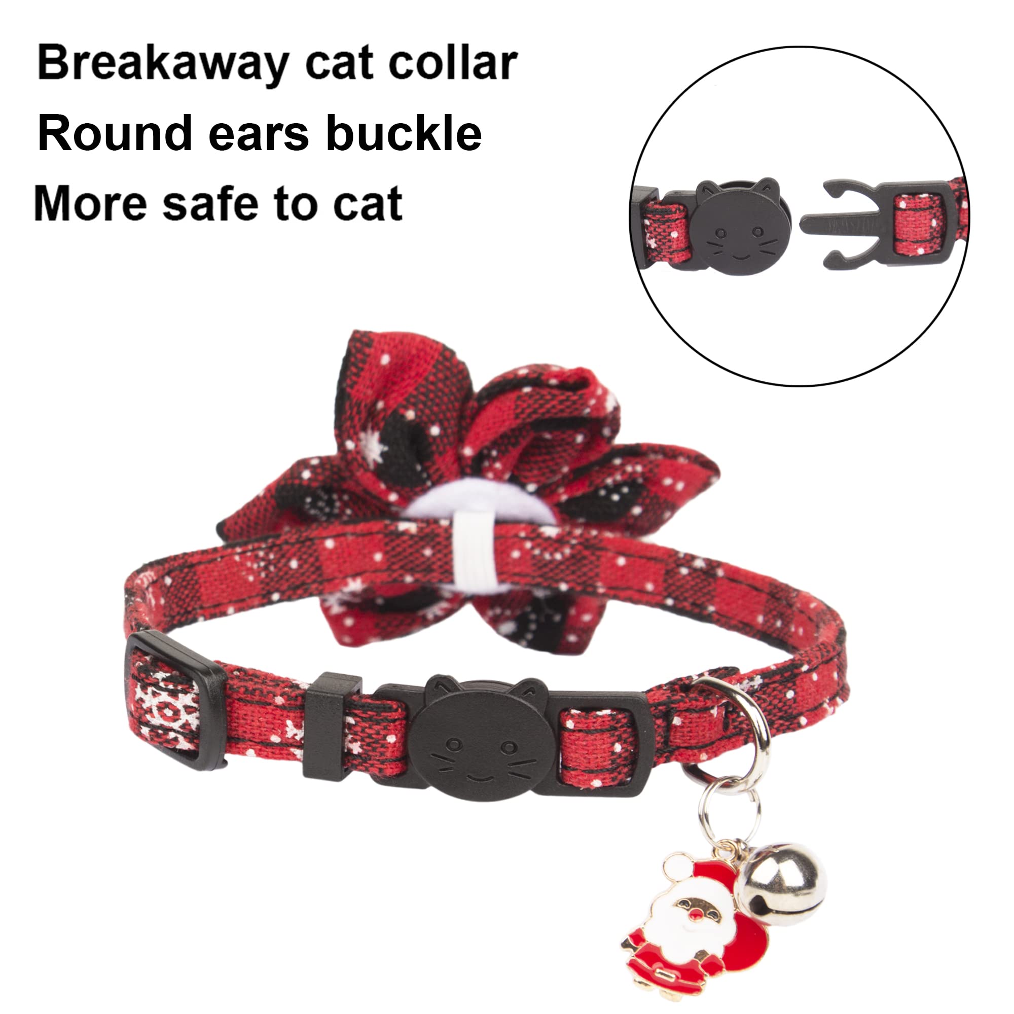 Adoggygo Christmas Cat Collars With Flower Bell, 2 Pack Breakaway Cat Christmas Collar With Removable Floral, Red Green Plaid Flower Collars For Cats (7.5'- 10.5', Floral)