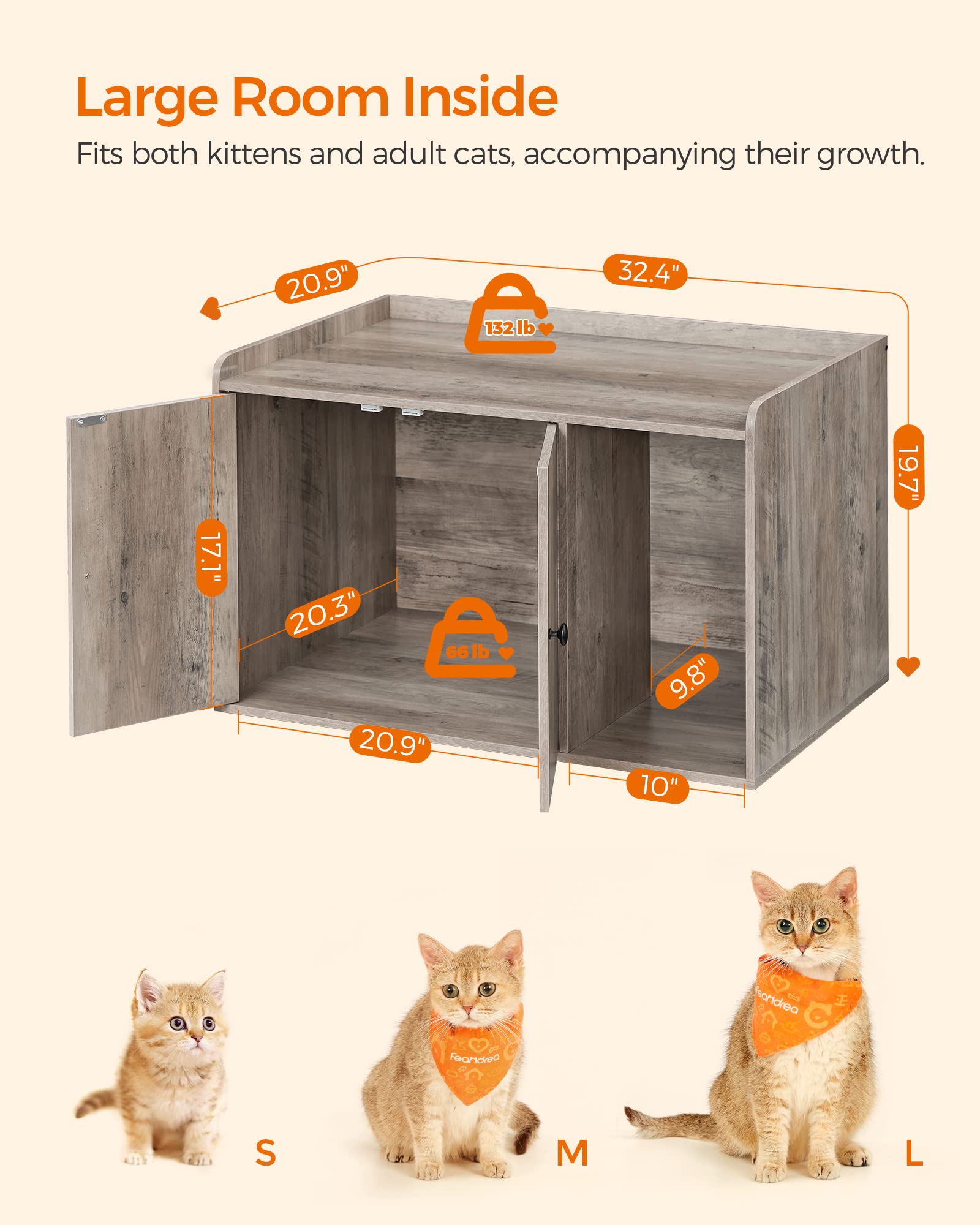 Feandrea Litter Box Enclosure, Cat Litter Box Furniture Hidden, With Front Entry, Modern Cat House For Indoor Cat, Kitty, Side End Table, 32.4 X 20.9 X 19.7 Inches, Greige Upcl001G01