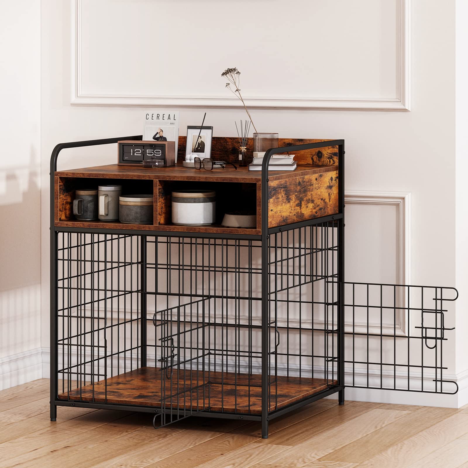 Saudism Small Dog Crate Furniture, Puppy Dog Kennel Indoor, Wood Dog Cage Table with Drawers Storage, Heavy Duty Dog Crate, Jaul