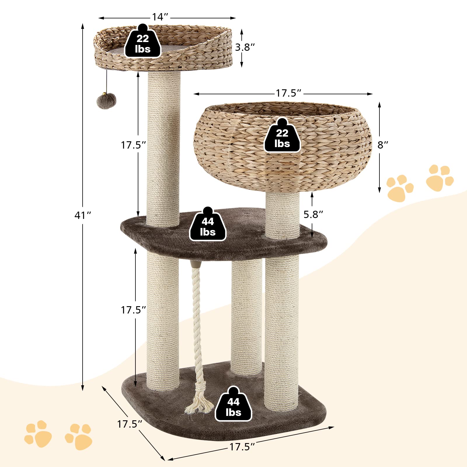 Tangkula Modern Cat Tree For Indoor Cats, Small/Tall Cat Tree With Natural Sisal Scratching Post, Hand-Made Wicker Cat Condo & T