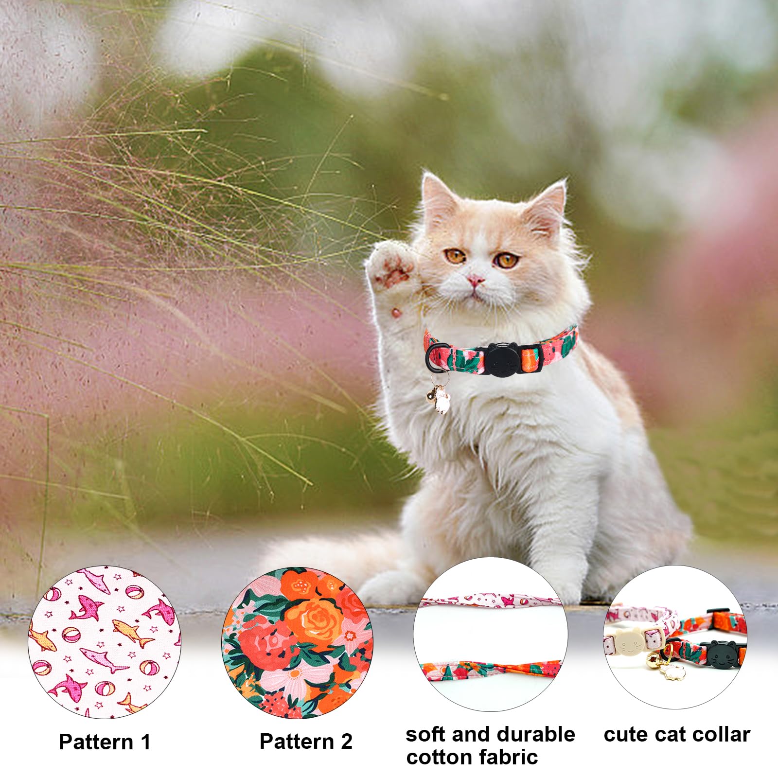 Lionheart 2 Pack Glory Cat Collar Breakaway With Bell & Pendant Pink Flower Shark Kitten Collar Soft Adjustable Safety Collars F