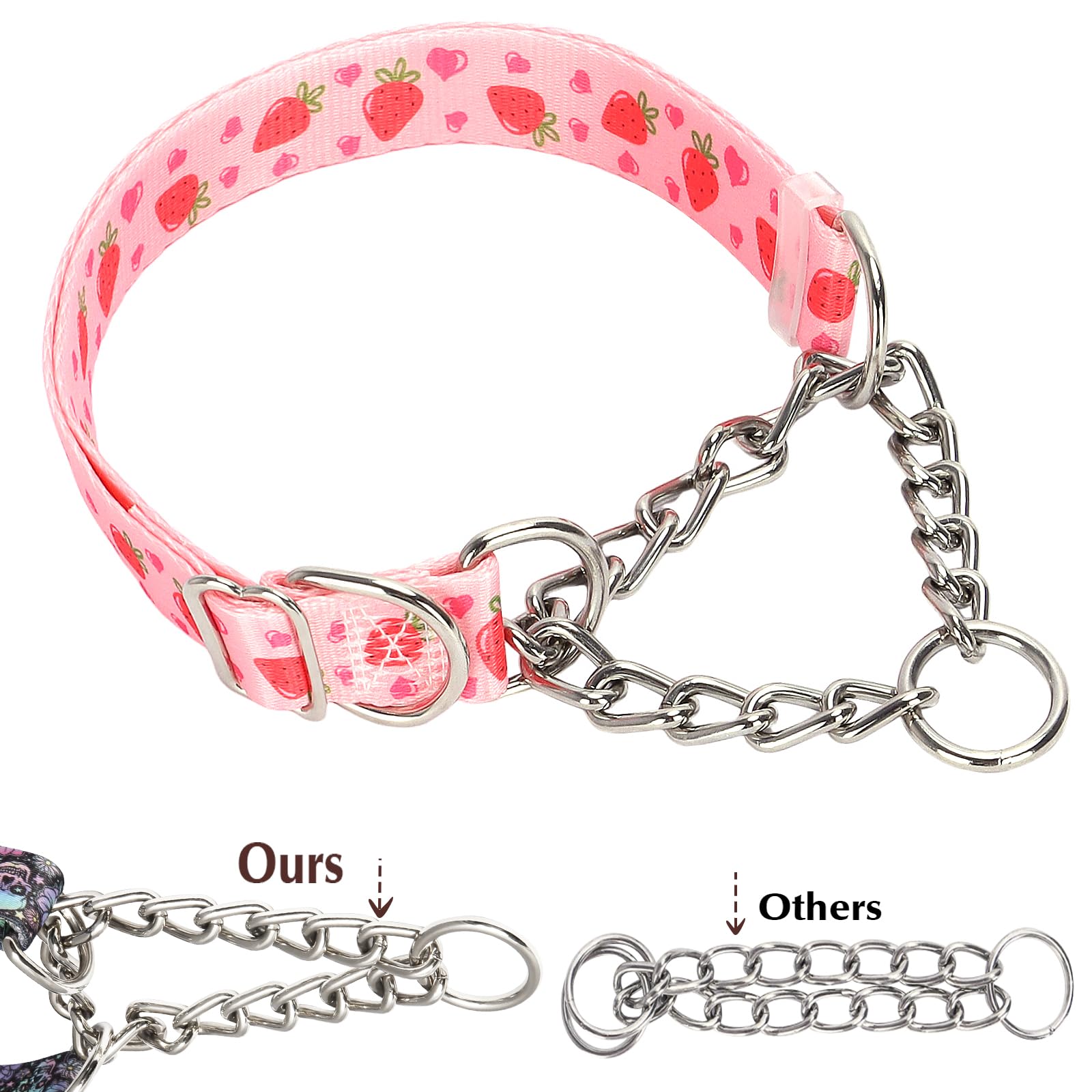 Martingale Collar For Dogs With Nylon & Steel Chain Limited Cinch Design, Pink Strawberries No Choke Dog Collar, Adjustable No P