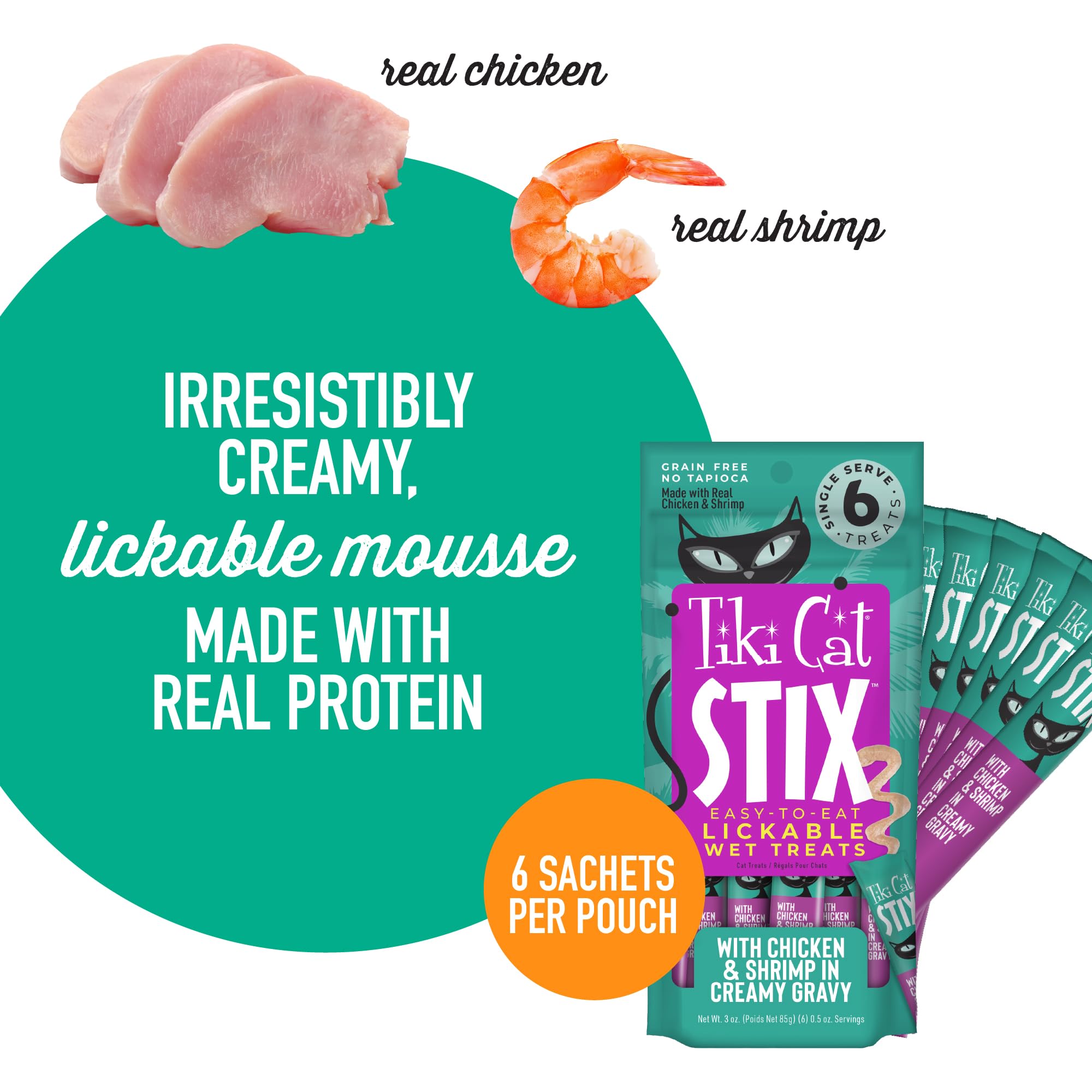 Tiki Cat Stix Mousse Treats, Single Serve Indulgent Lickable Treat or Dry Food Topper, Chicken and Shrimp in Creamy Gravy, 0.5 o