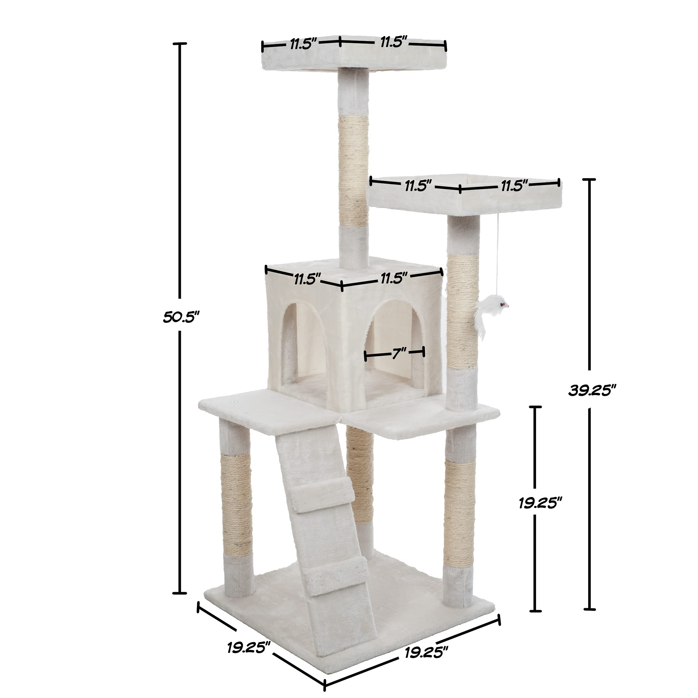4-Tier Cat Tower - Tree With Napping Perches, Cat Condo, Ladder, 5 Sisal Rope Scratching Posts, And Hanging Toy For Indoor Cats By Petmaker (White)