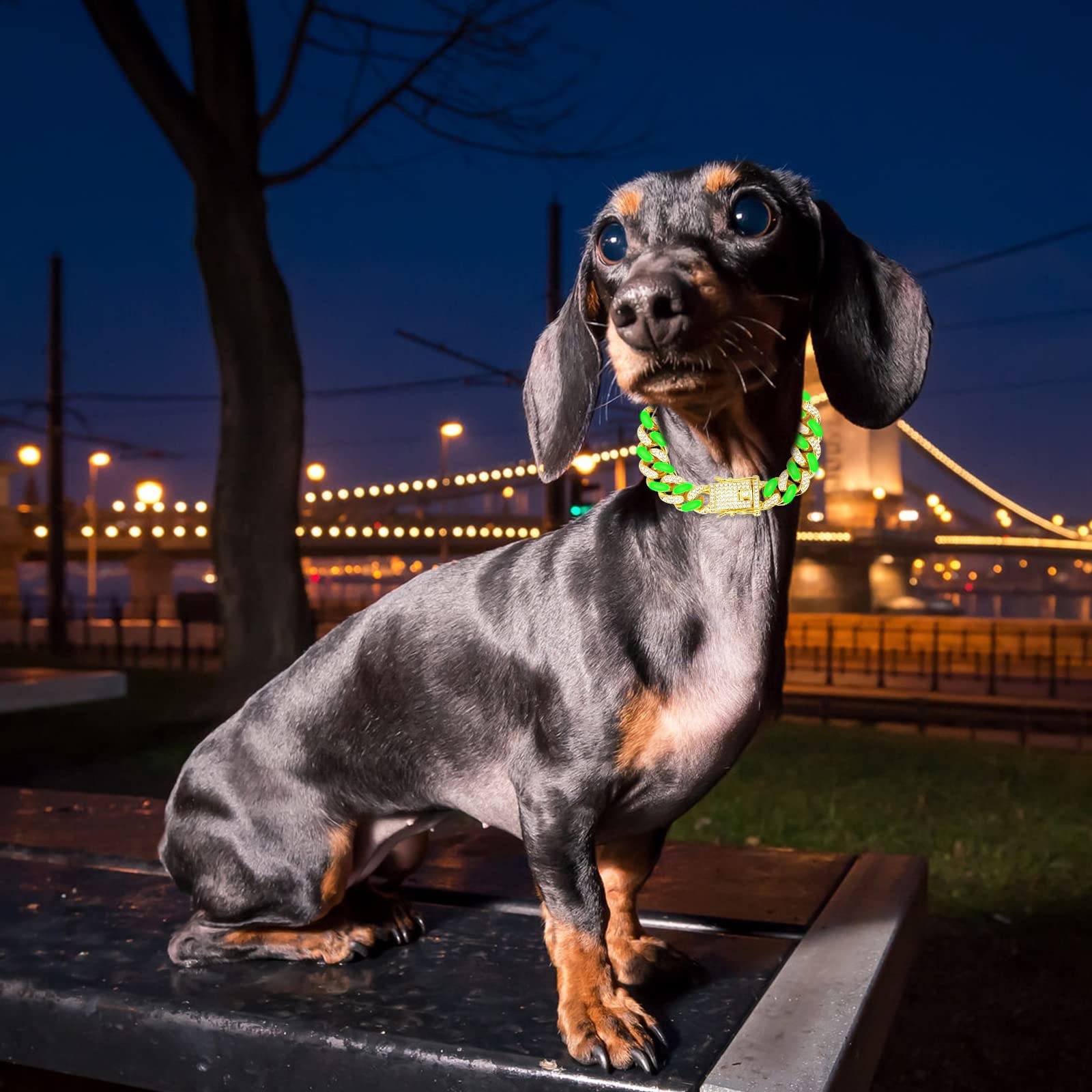 Wimupath Silver-Plated Green Diamond Dog Collar - Cuban Style Metal Chain With Secure Buckle, Luxury Durable Collar For Small/Me