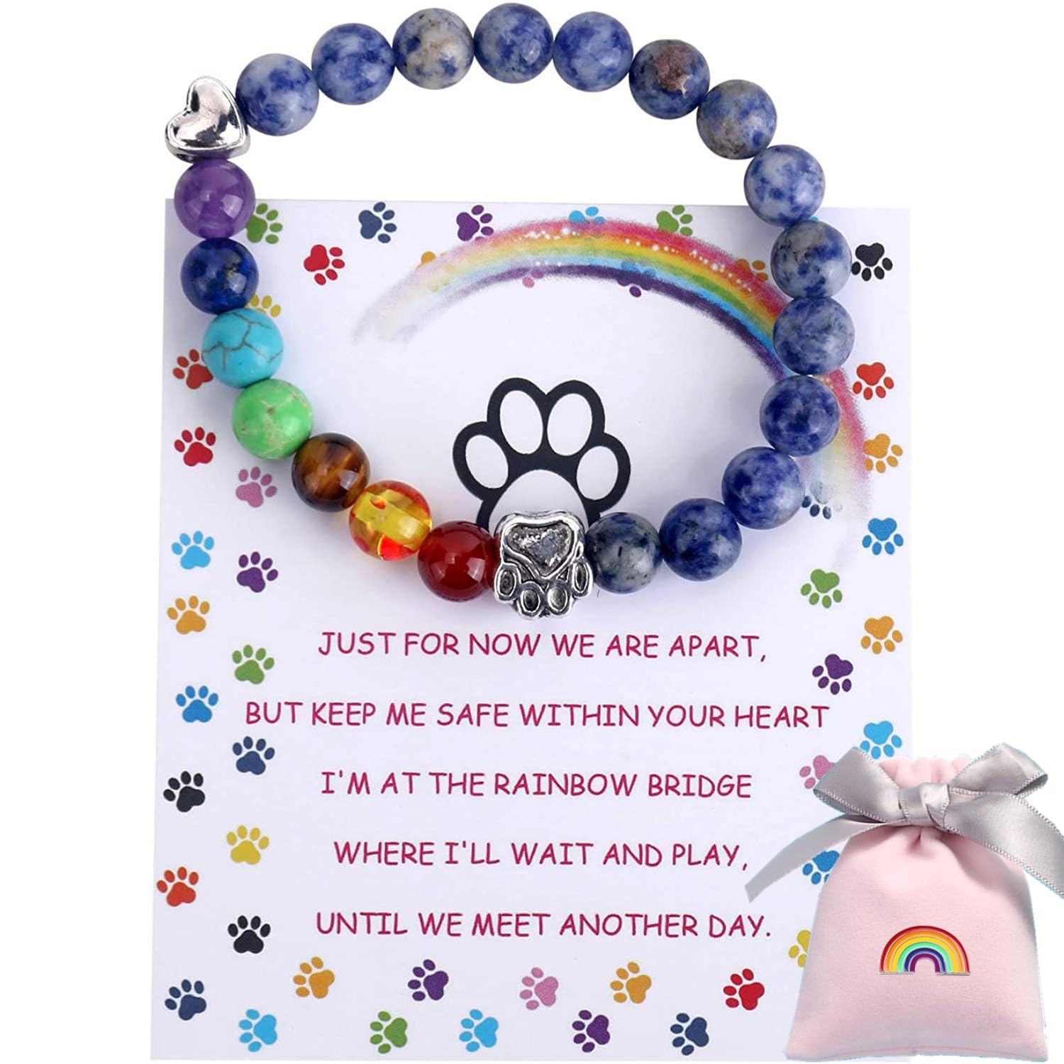 Ziper 2Pcs Dog Cat Memorial Gifts For Who Loss Of Pets,Rainbow Bridge Bracelet For Pet,8Mm 7 Chakra Bead Healing Bracelet