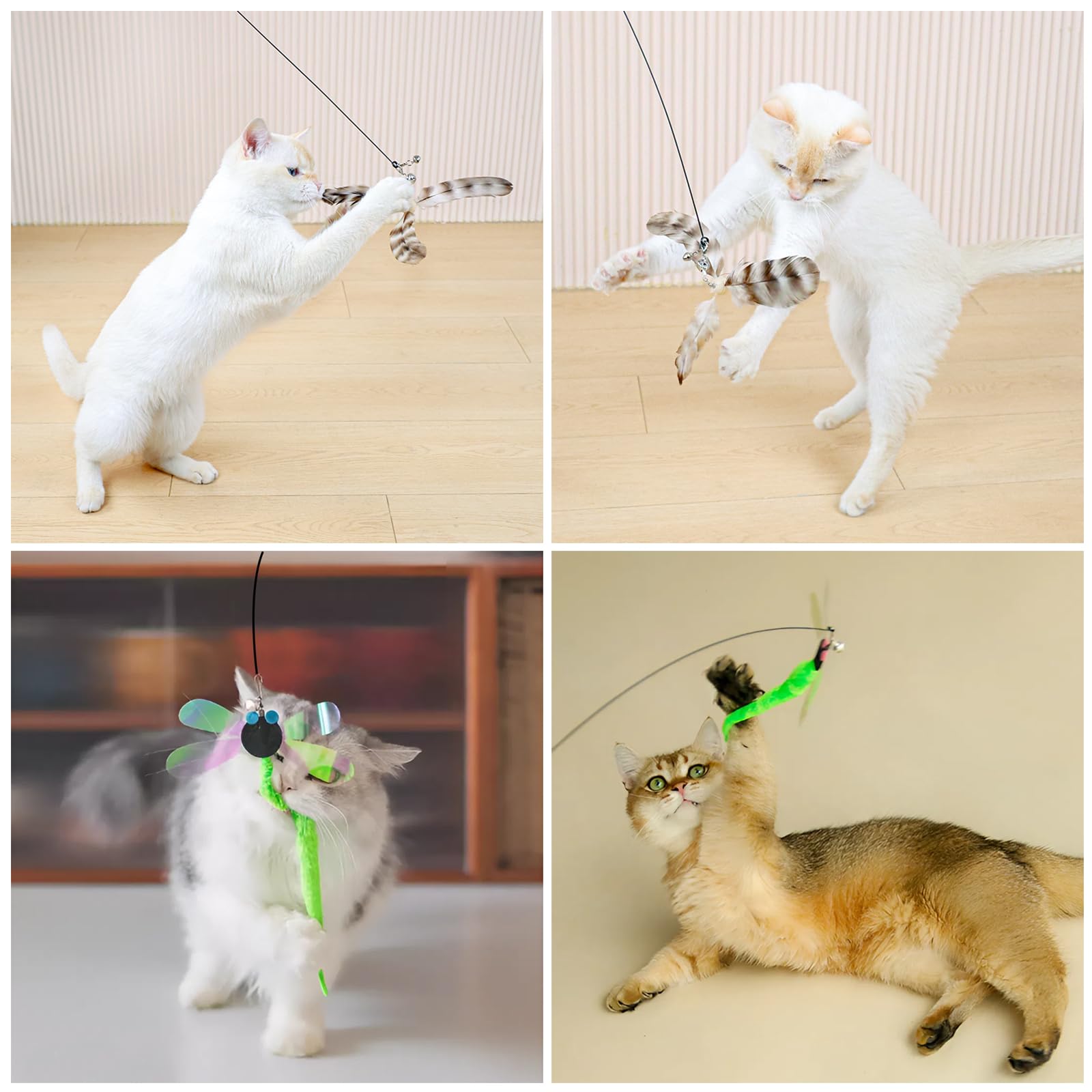 Kingtree Cat Teaser Wand Toys, Interactive Feather Cat Wand Toy With 5 Bell Feather Refills & 2Pcs 35'' Flexible Steel Wire Wood