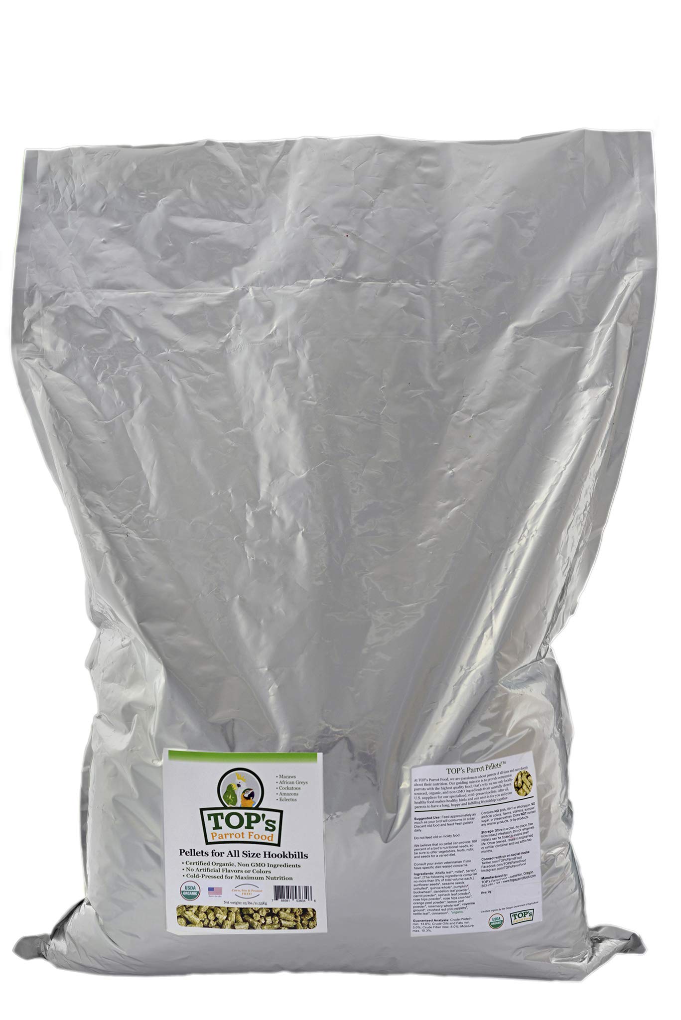 TOPs Parrot Food Pellets Hookbills, Small, Medium and Large Parrots - USDA Organic Certified - 25 lb / 11.33 kg