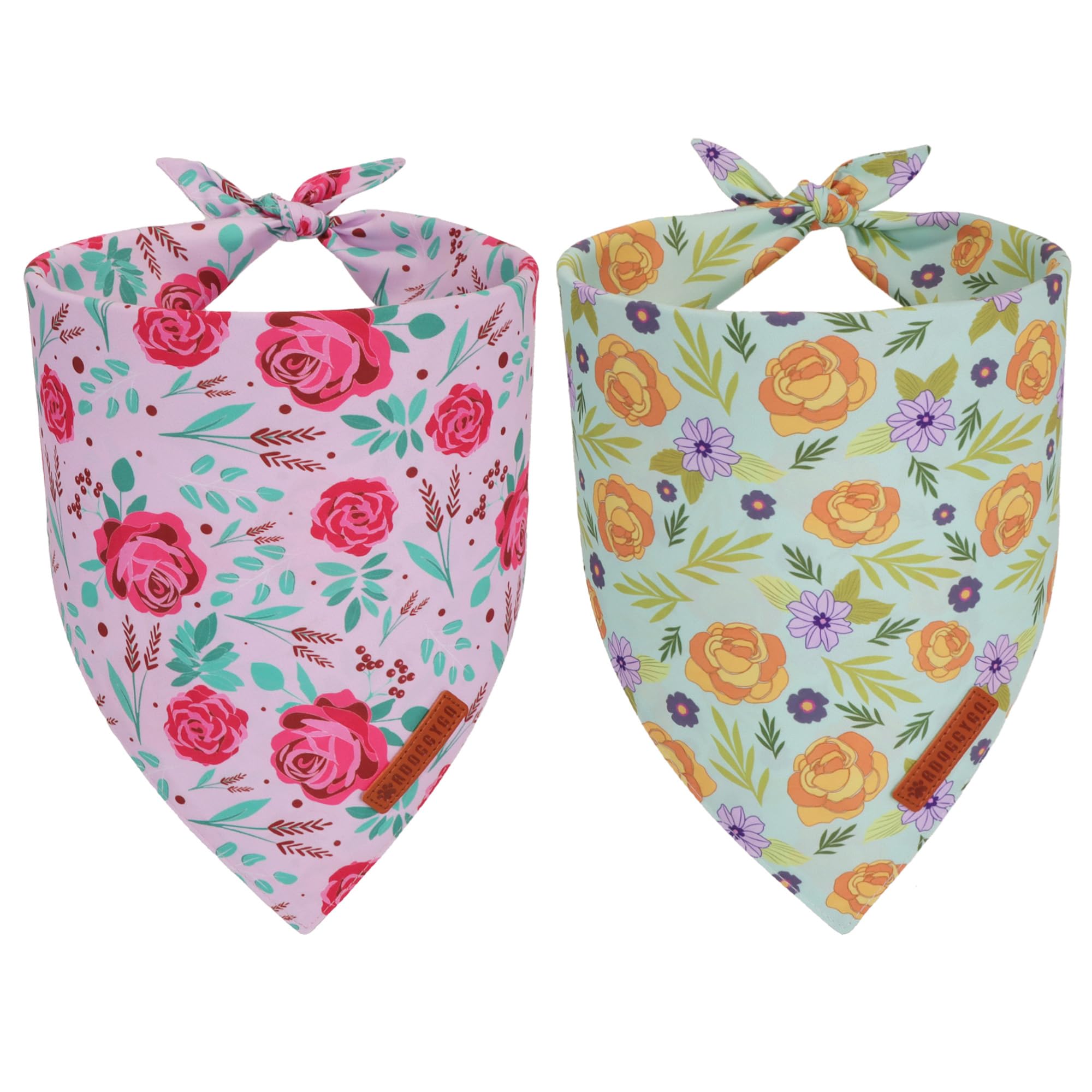 ADOGGYGO Floral Dog Bandana, Red Yellow Rose Pet Scarf, Adjustable Fit Flower Bandanas for Medium Large Dogs Pets (Large)