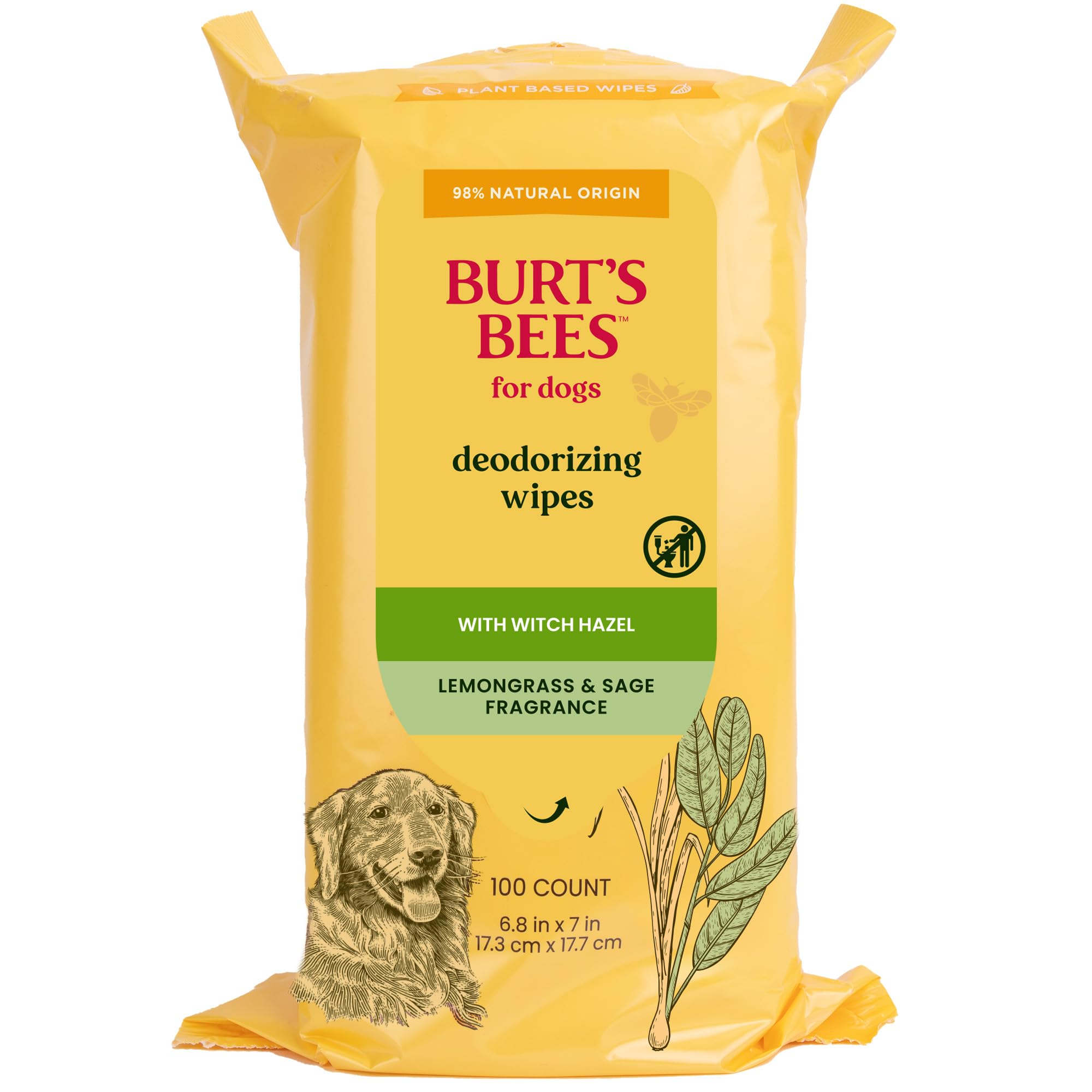 Burt'S Bees For Pets Deodorizing Dog Wipes With Witch Hazel, Lemongrass And Sage Fragrance, 98% Natural Origin Formulas, Dog Wip