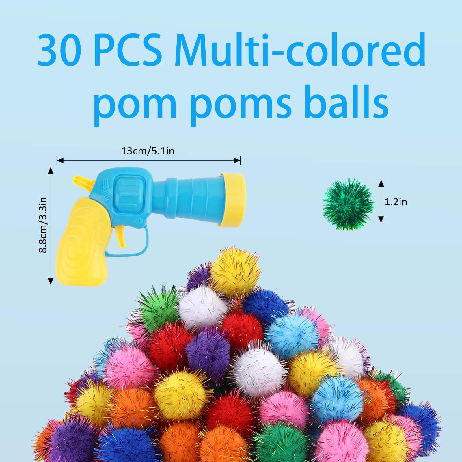 102Pcs Cat Toy Gun Launcher - 100 Sparkle Pom Pom Balls And 2 Ball Launchers, Interactive Fetch Toy Shooter For Indoor Cats And