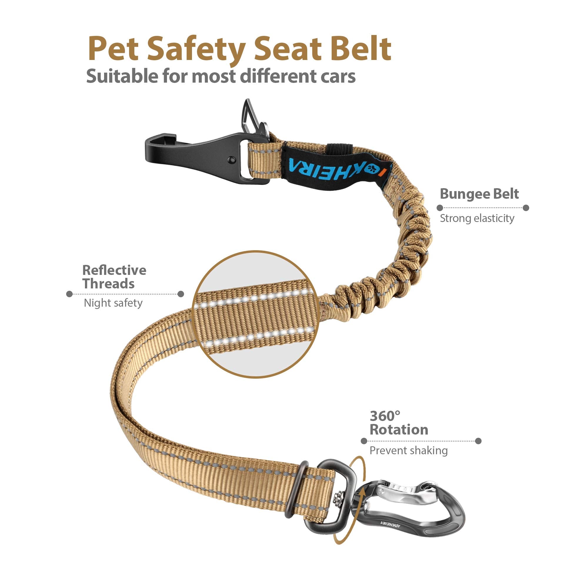 Iokheira Dog Seatbelt, Universal Reflective Bungee Dog Car Harness With Hook Latch & Seatbelt Buckle, Swivel Aluminum Carabiner,