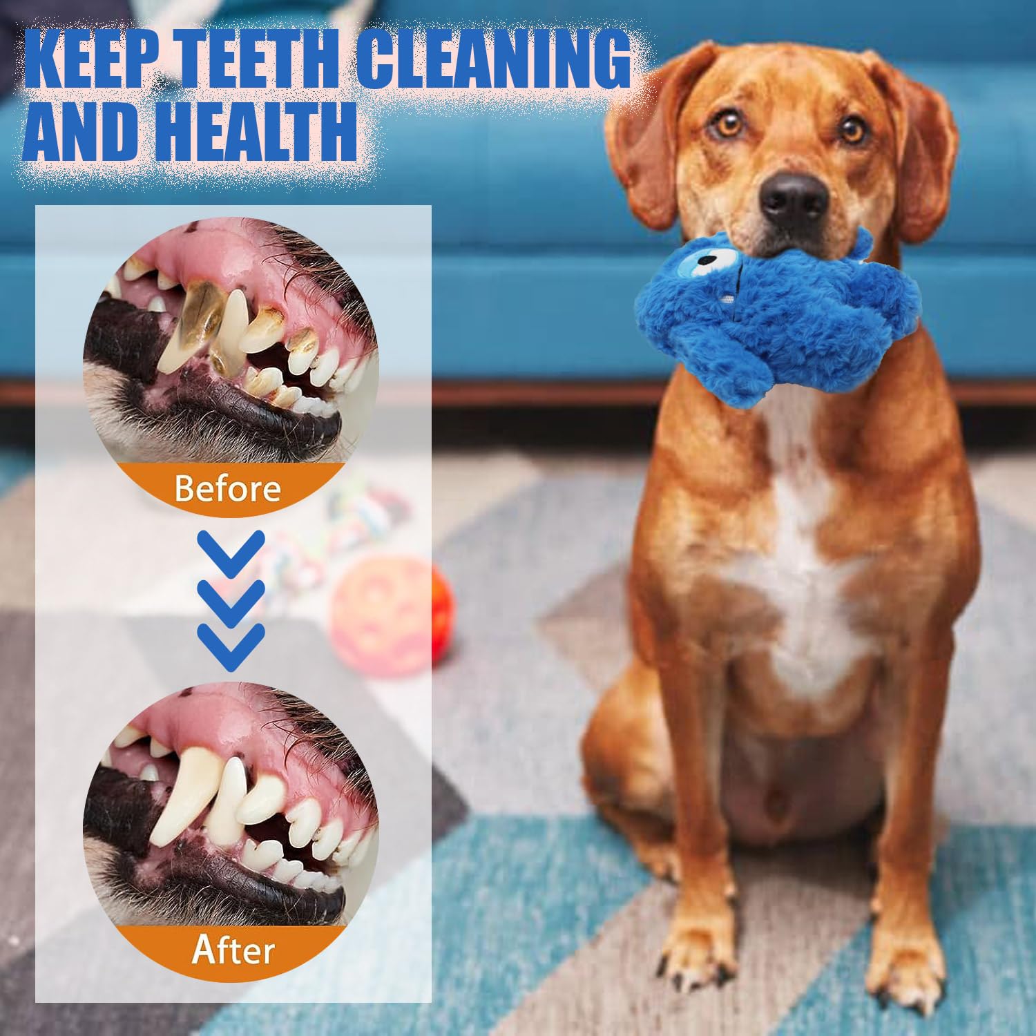 HUGEME Plush Squeaky Dog Toy - Crinkle Chew Toy for Small to Large Dogs, Blue, Model Mon-1-1