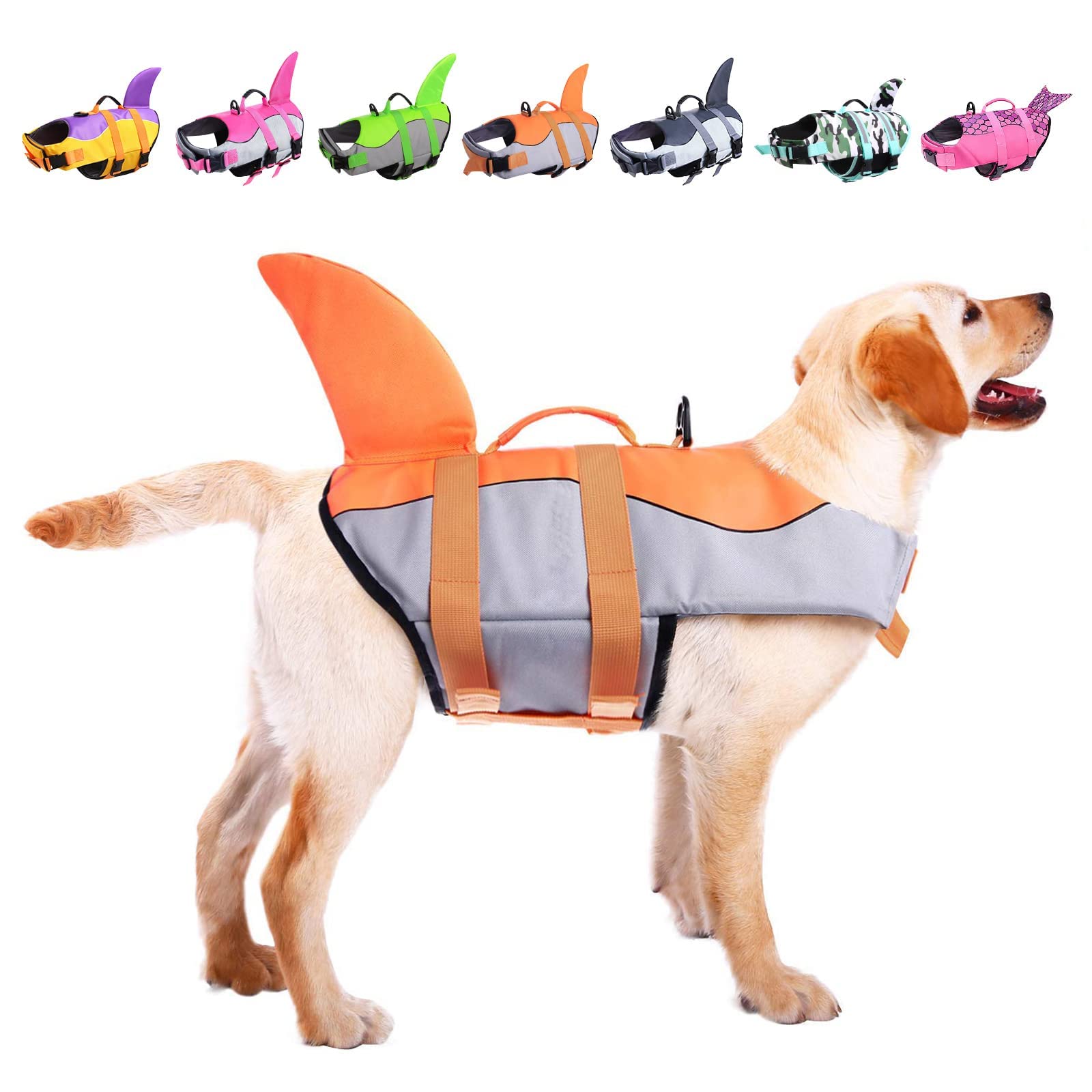 Asenku Dog Life Jacket Pet Life Safety Vest For Swimming Boating, Dog Shark Life Jackets Dog Lifesavers Swimsuits For Pool, Dog Water Floatation Vest For Small Medium Large Dogs, Orange, Large