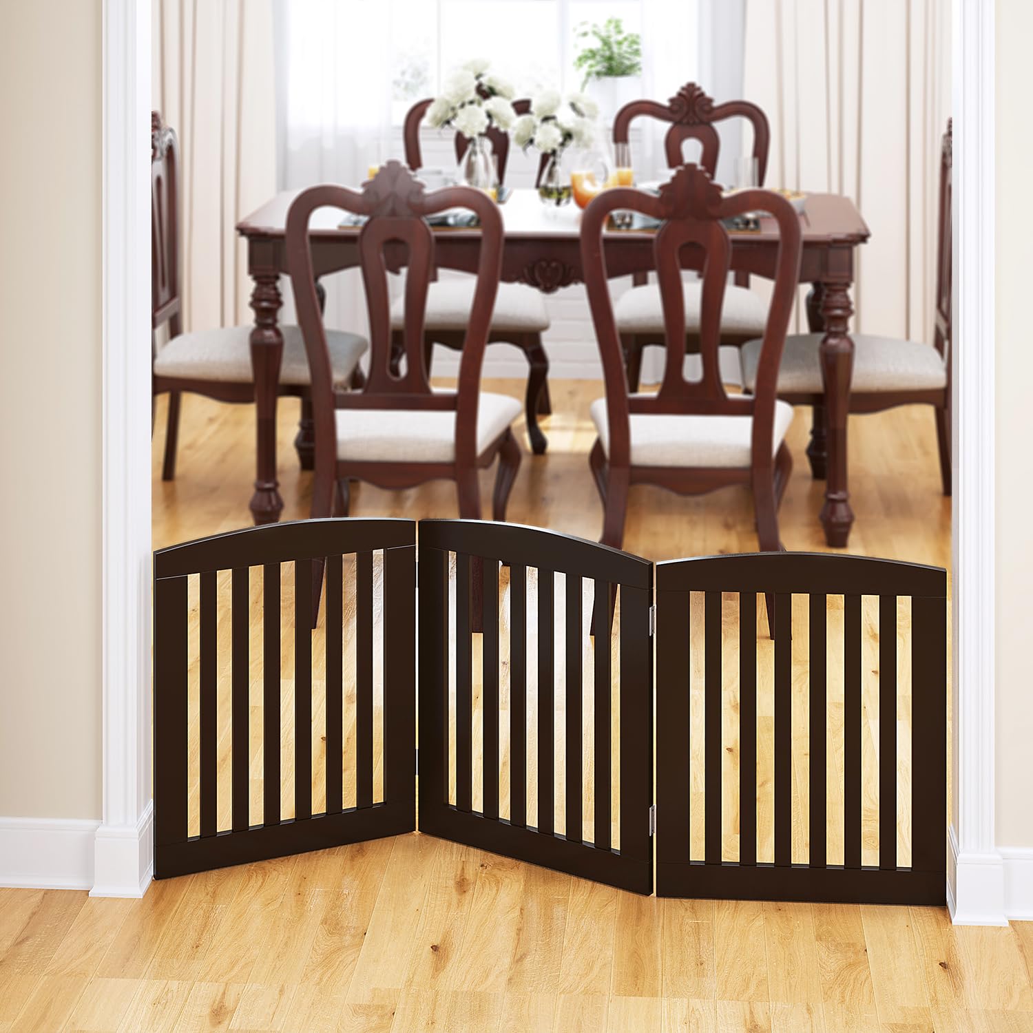 PAWLAND Wooden Freestanding Foldable Pet Gate for Dogs, 24 inch 3 Panels Step Over Fence, Dog Gate for The House, Doorway, Stair