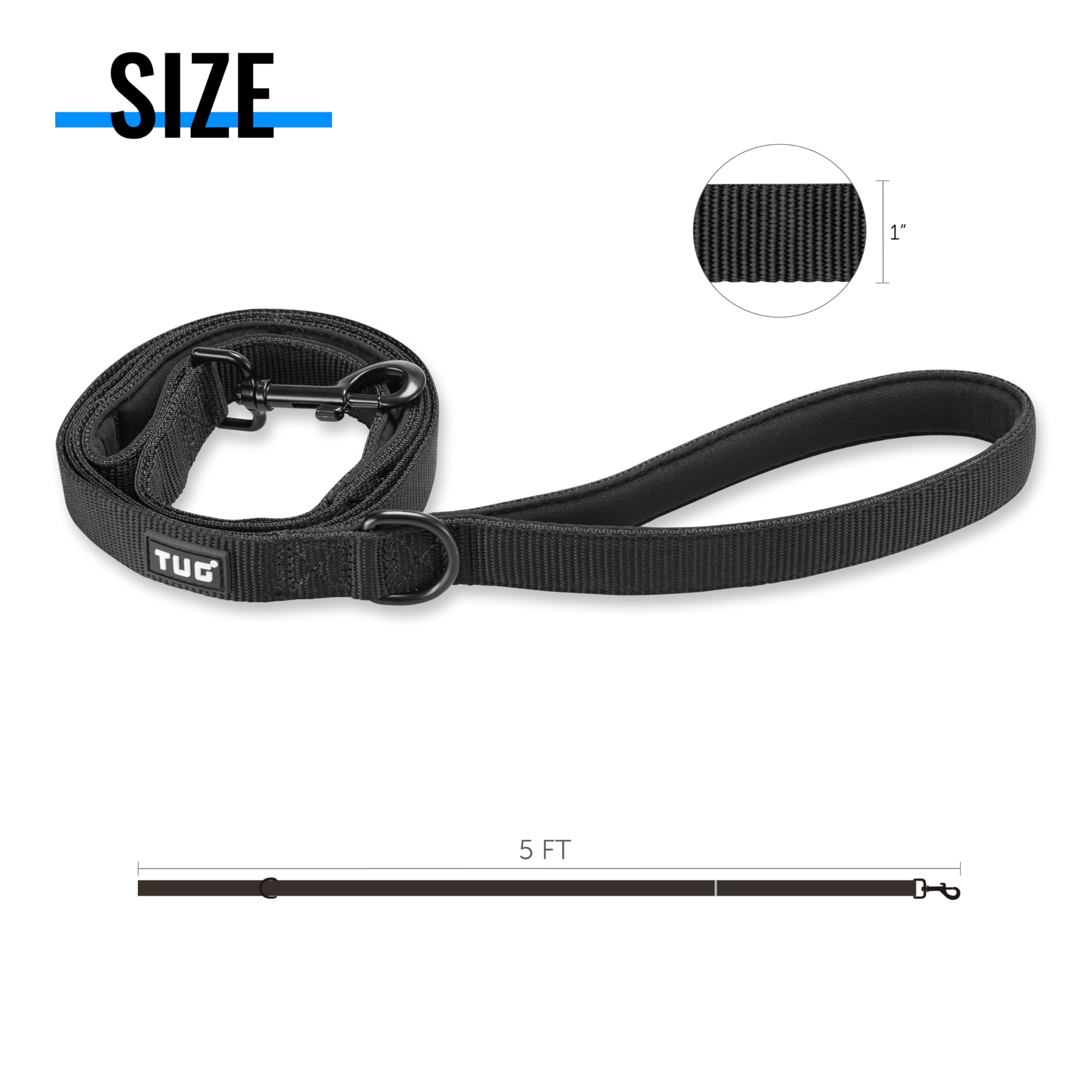 Tug 5 Ft Heavy Duty Dog Leash With Padded Traffic Handle | For Large & Medium Breed Dogs (Black)