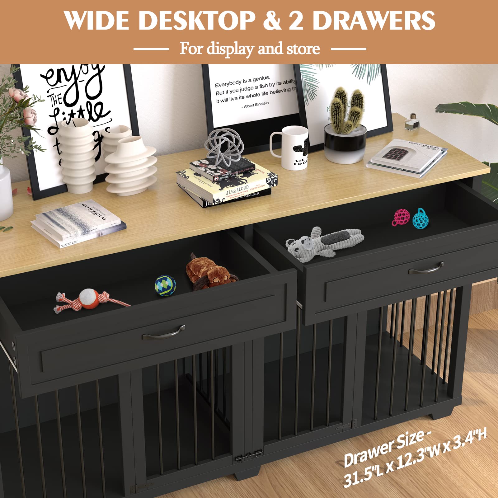 PIAOMTIEE Dog Crate Furniture, 72.4 Inch Indoor Wooden Dog Kennel Cage House, Modern Decorative End Table with Double Doors, Dra