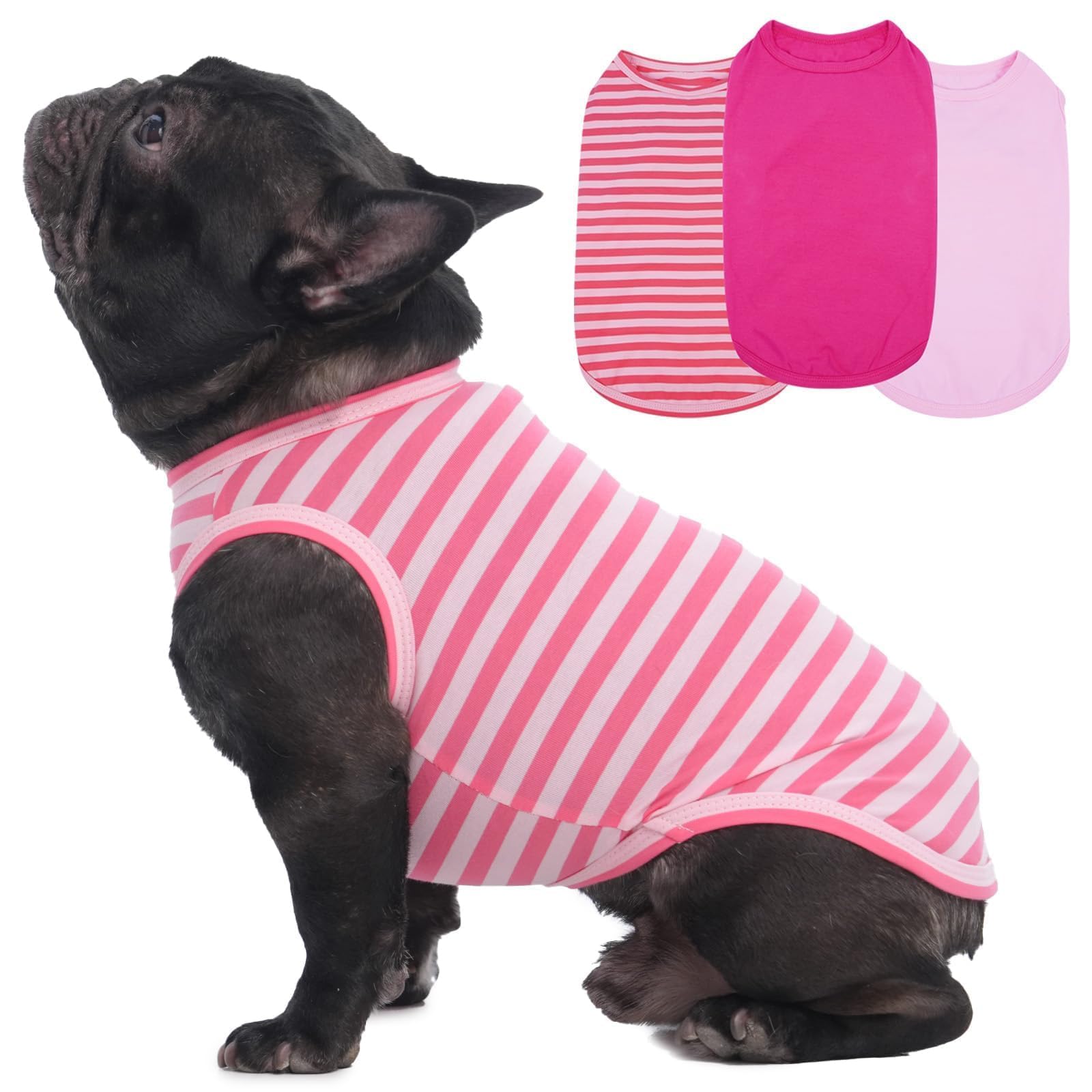 3 Pack Striped Pink Dog Tshirt,French Bulldog Large Sleeveless Tee To Prevent Overheating,Seaside,Backyard,Lightweight Cozy Indo