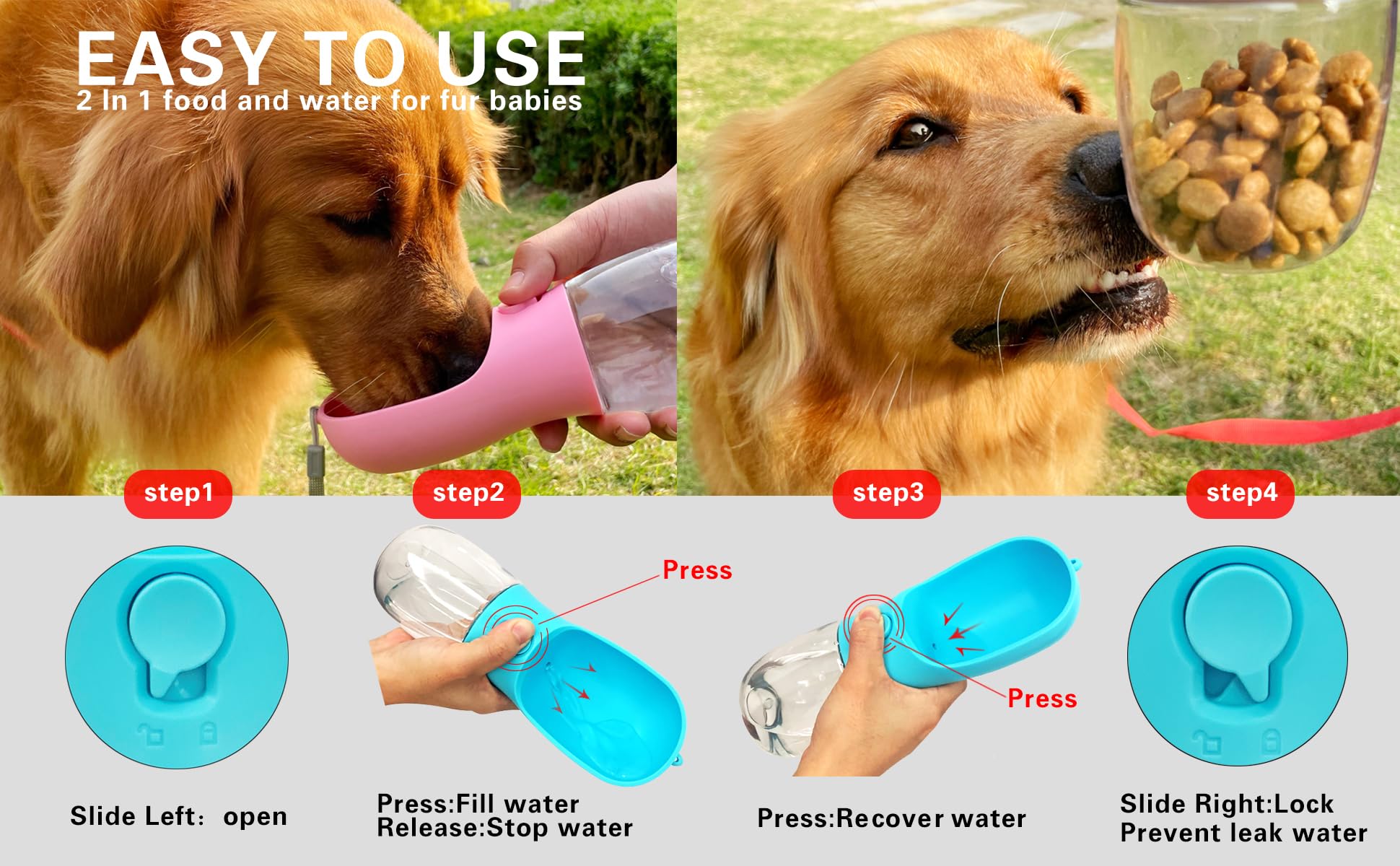AVELORA Dog Water Bottle,Portable pet Water Bottle with Food Container,Outdoor Portable Water Dispenser for Cat,Rabbit,Puppy and
