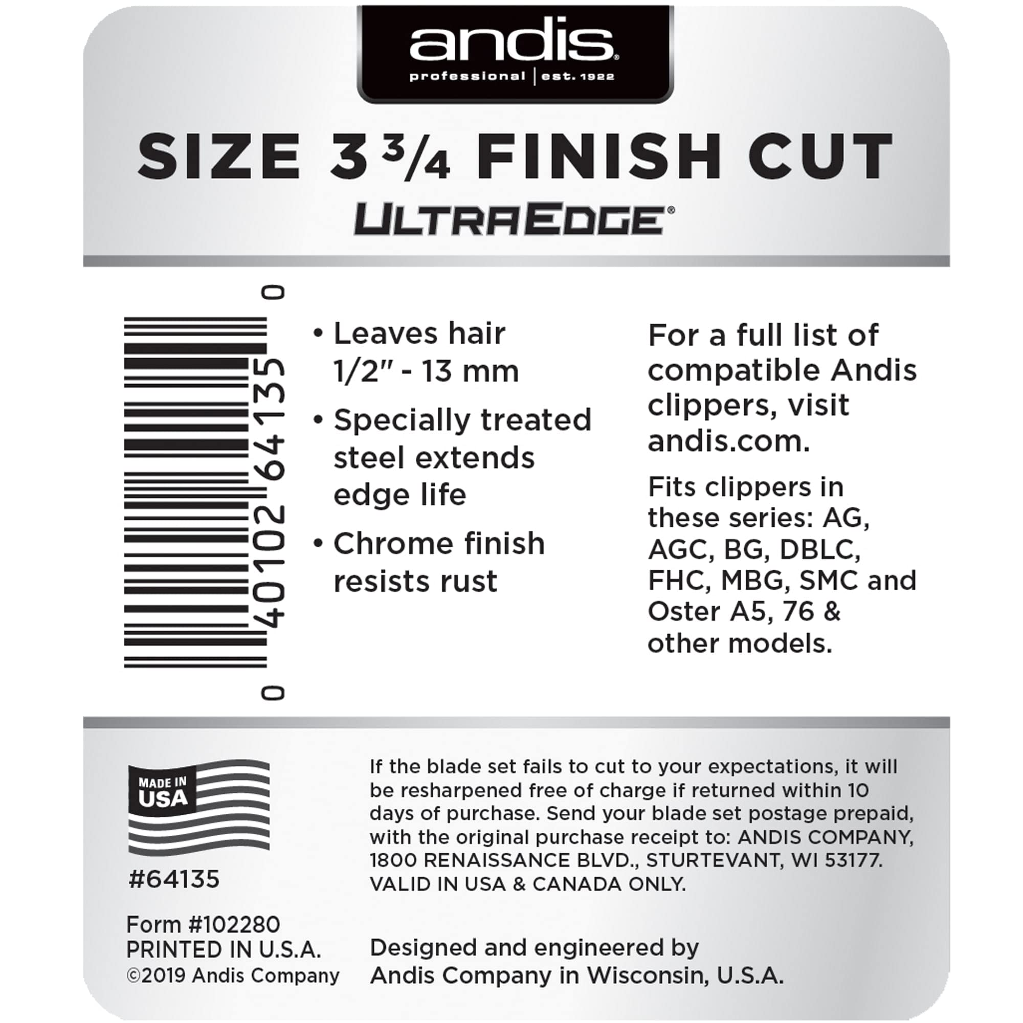 Andis Carbon-Infused Steel Ultraedge Dog Clipper Blade, Size-3-3/4 Fc, 1/2-Inch Cut Length (64135)