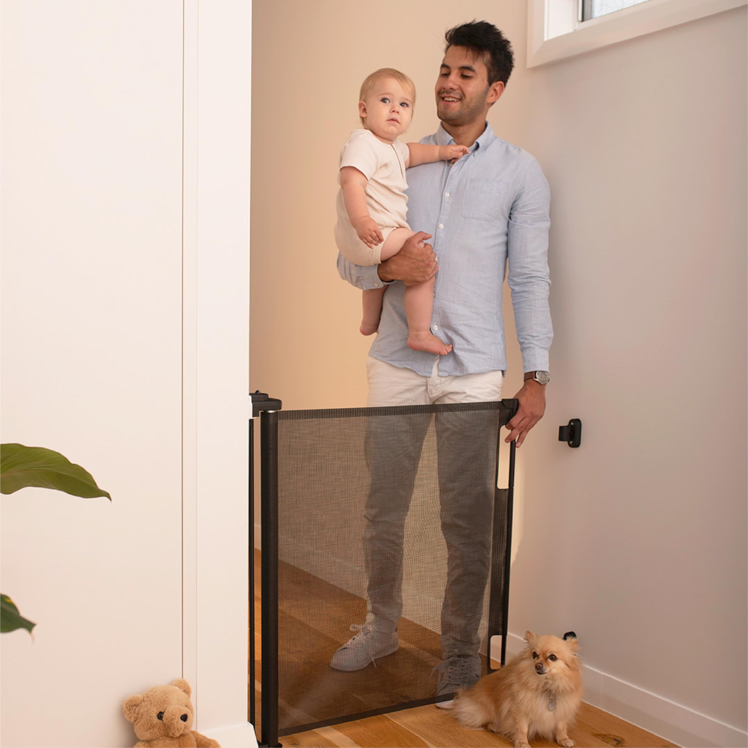 Retractable Baby Gate Perma Child Safety 33' Tall X 55” Wide, Mesh, For Stairs, Doorways, Dogs, Pets, Indoor, Outdoor, One-Handed Operation, Locking, Easy Install, Hardware Mount, Black