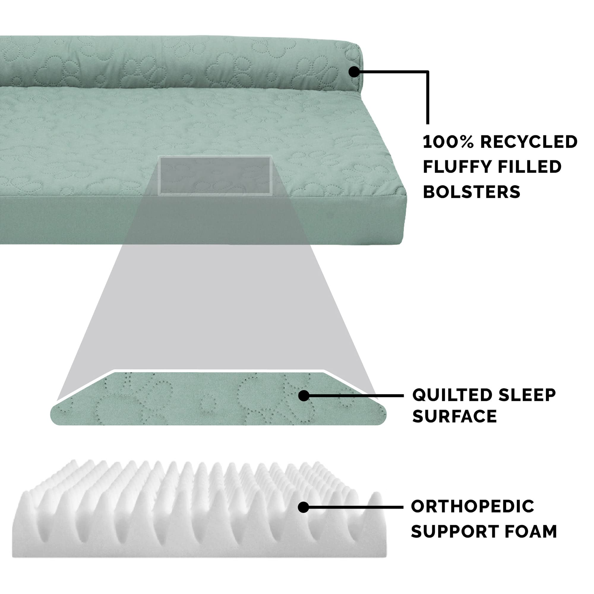 Furhaven Orthopedic Dog Bed For Large Dogs W/ Removable Bolsters & Washable Cover, For Dogs Up To 95 Lbs - Pinsonic Quilted Paw L Shaped Chaise - Iceberg Green, Jumbo/Xl