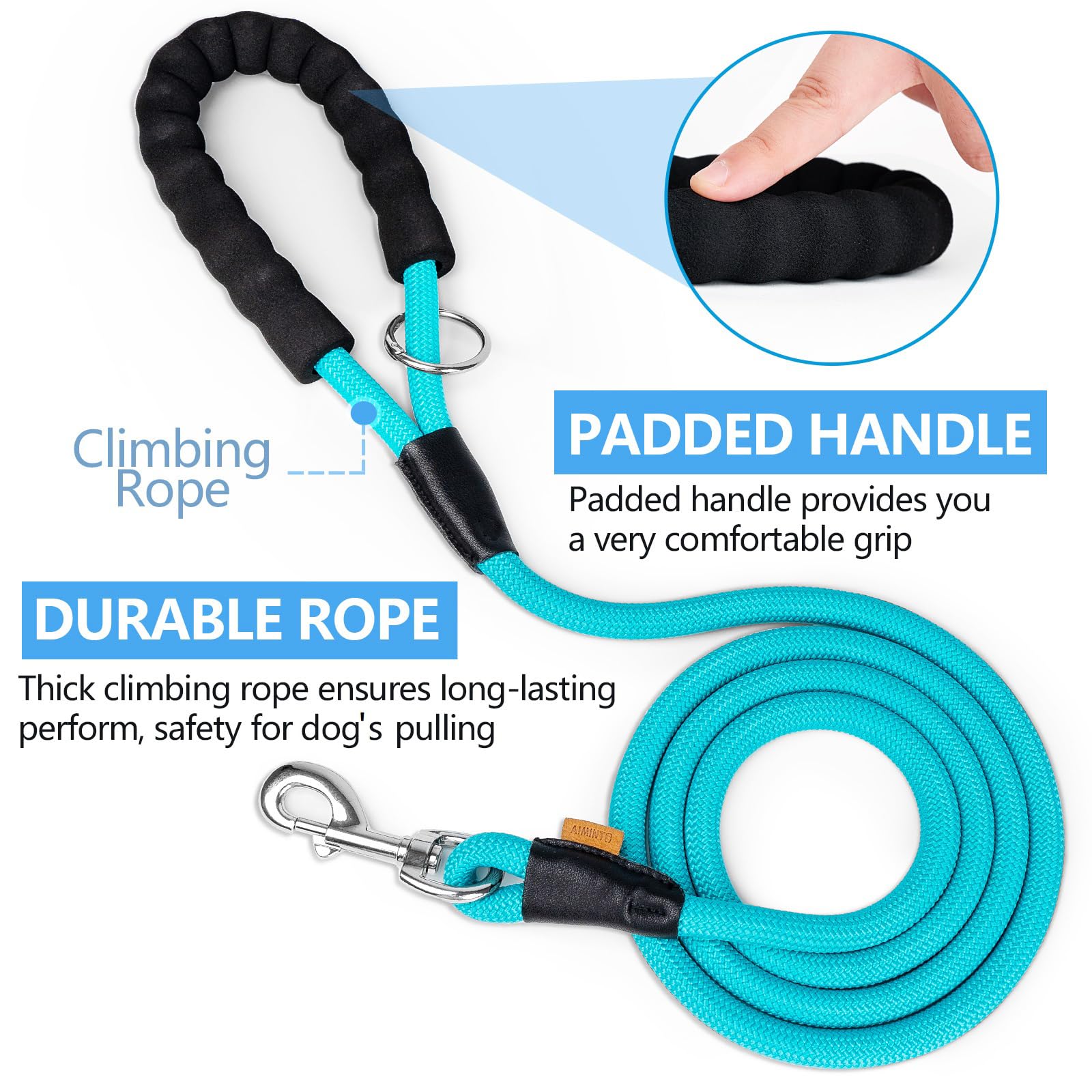 Aiminto Dog Leash, Braided Rope Traction - Walking Training Lead for Medium/Large Dogs ((1/2 '') x 6FT, Light Blue)