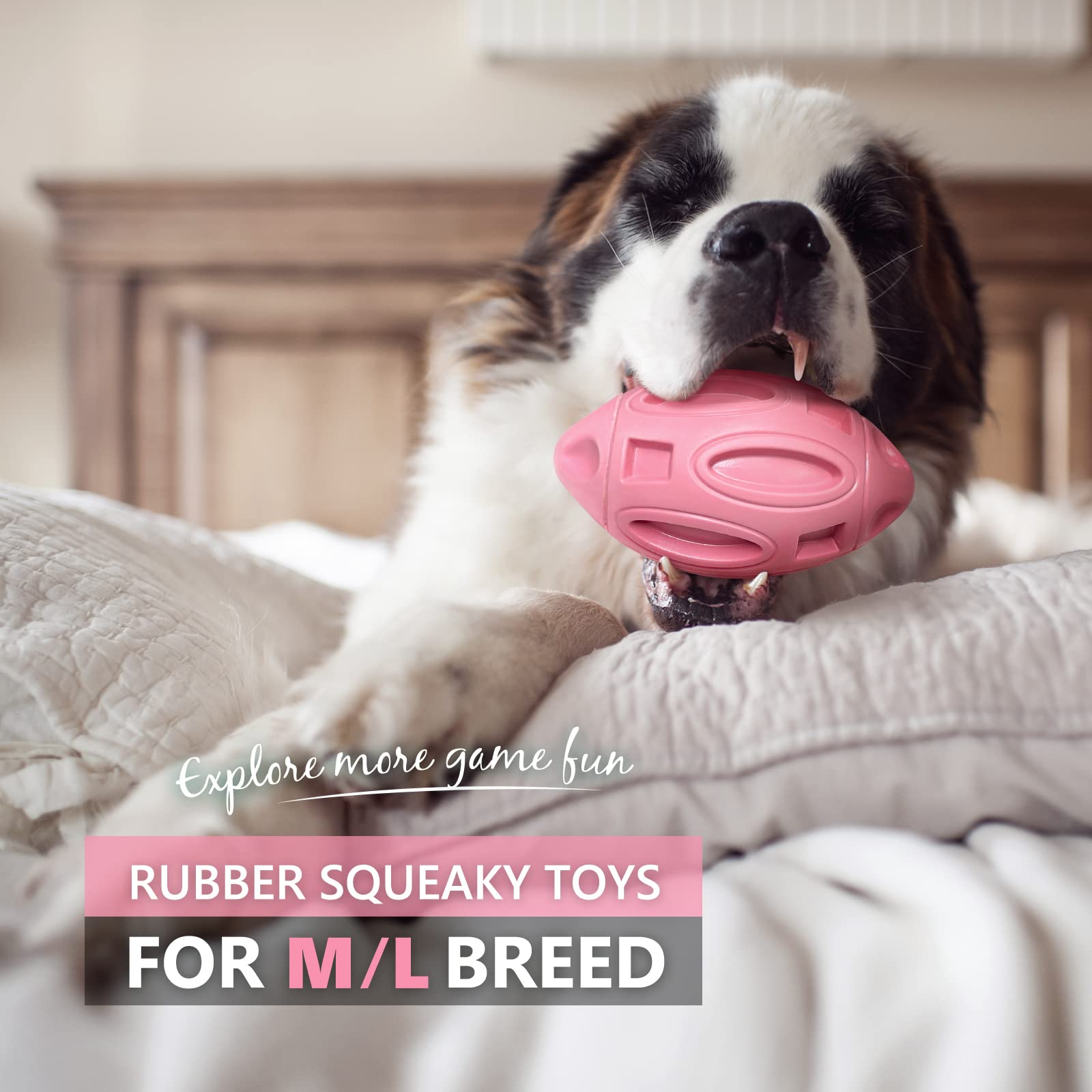 EASTBLUE Squeaky Dog Toy - Durable Rubber Chew Ball for Medium/Large Dogs - Indestructible Pink Pet Toy