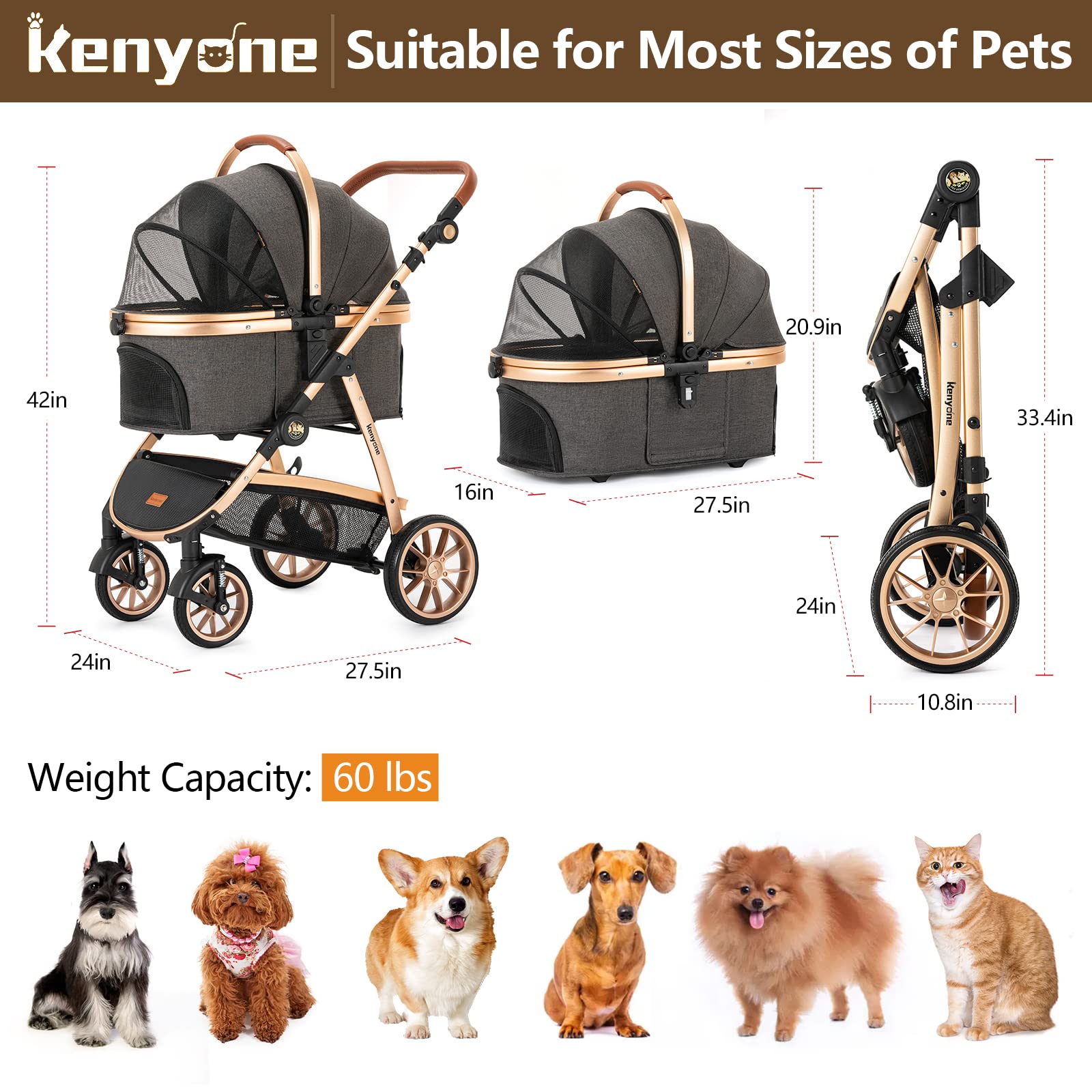 Kenyone Pet Stroller 3 In 1 For Medium Small Size Dogs Luxury Large Cat Stroller Detachable Carrier For Puppy, Kitty, Doggie (C5