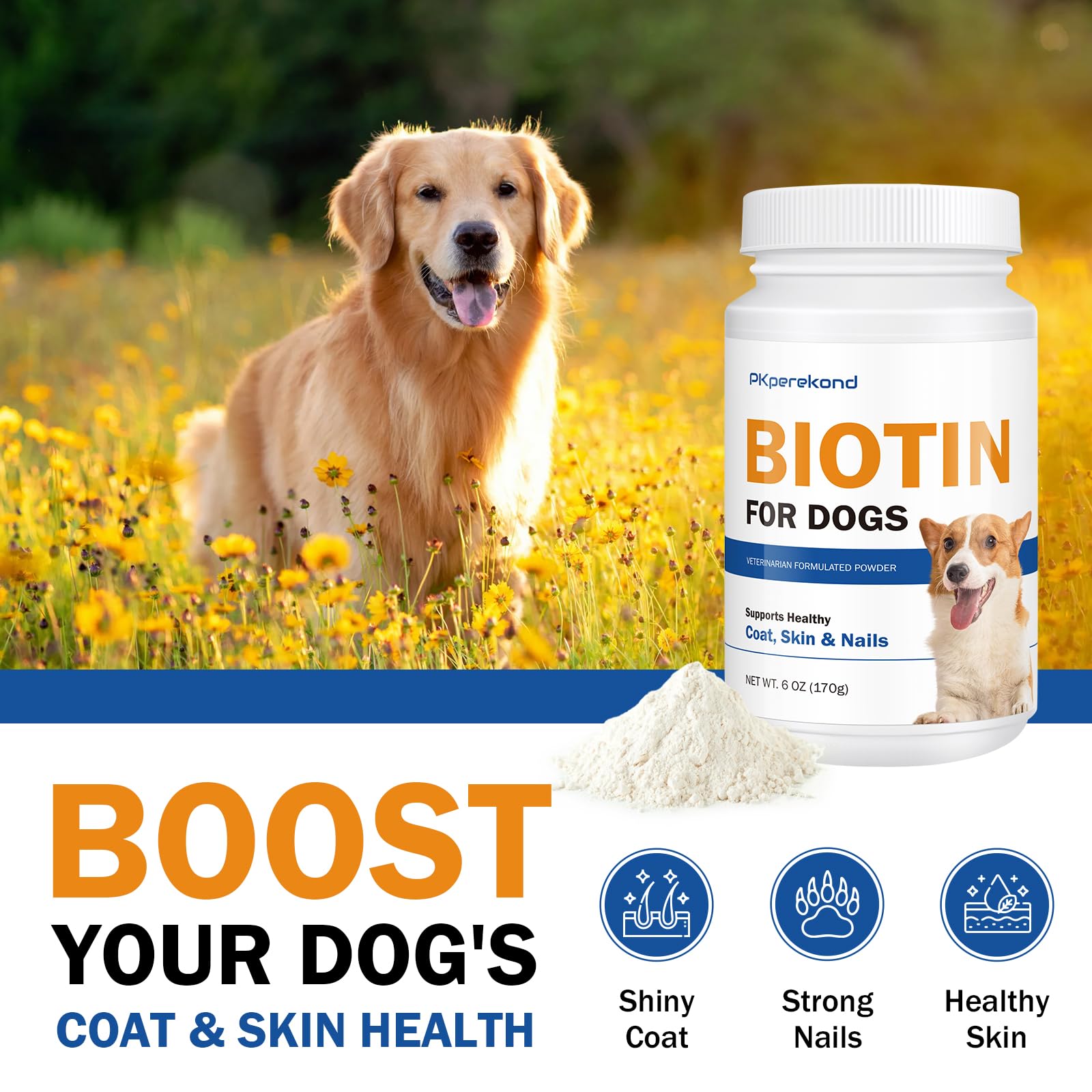Biotin for Dogs, Supports Shiny Coat and Healthy Skin, Strengthens Dog Nails, Biotin Powder Supplement for Dog Shedding, Dry Ski