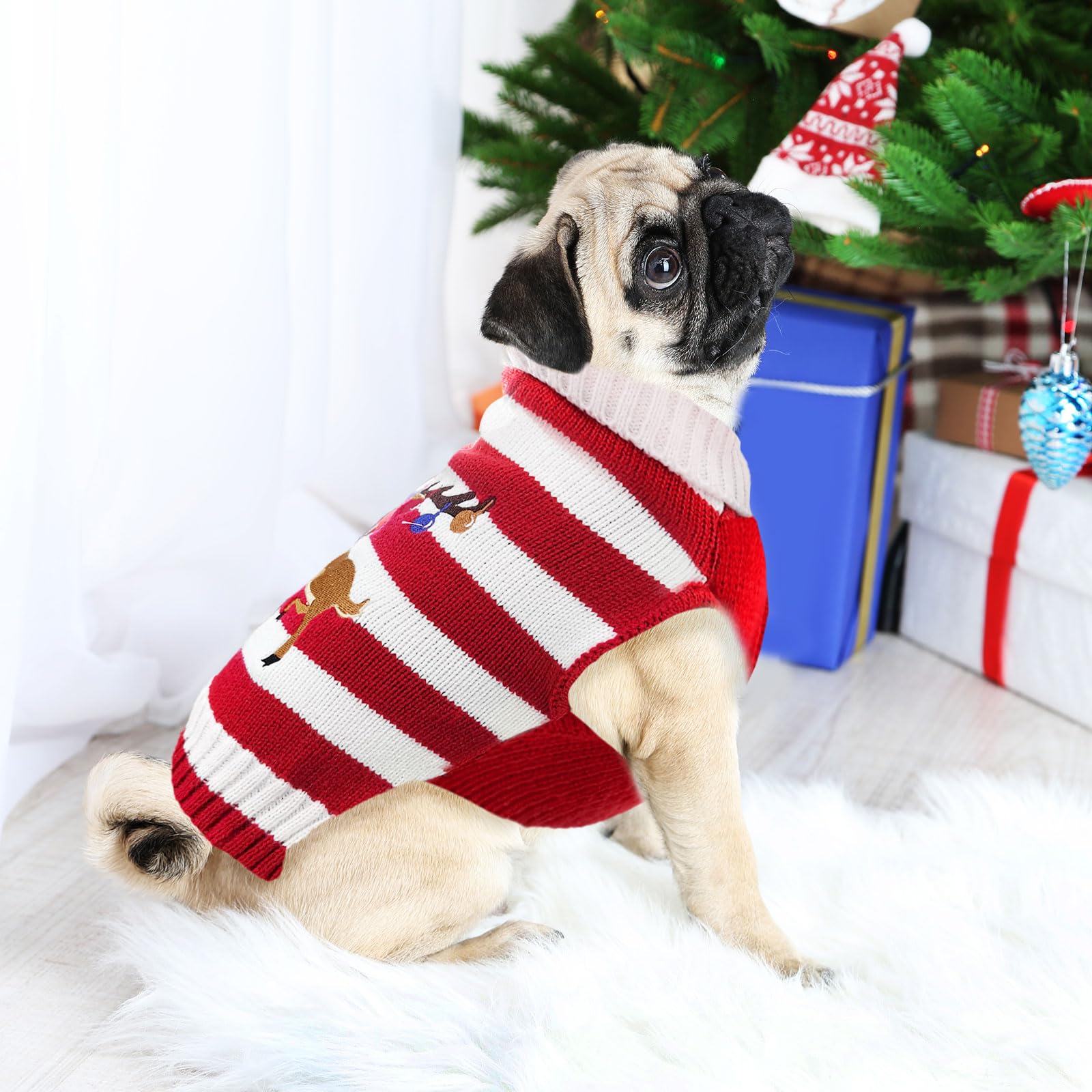 Doggyzstyle Christmas Dog Sweaters Xmas Pet Outfits Striped Elk Costume Holiday Clothes Gifts Puppy Cat Knitted Jumpers (Xl,Red