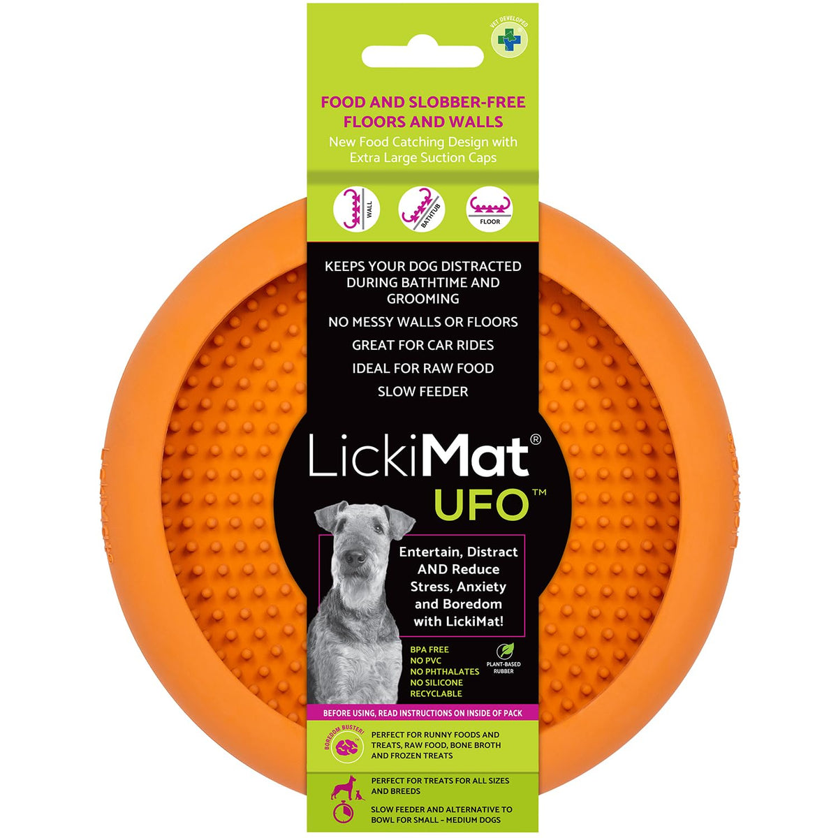 New Lickimat Ufo Orange - Bathing, Shower & Grooming Distractor. Natural Rubber Large Soother Licking Nubs Treats. Unique Food And Dribble Catcher Design. Slow Feeder Dog Bowl